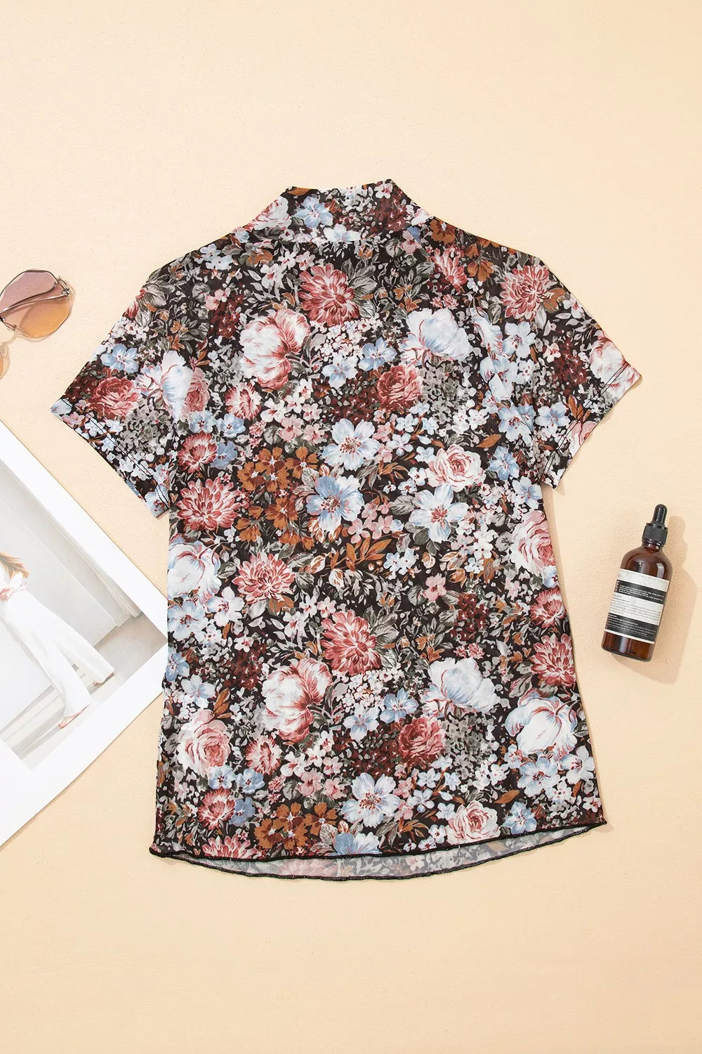 Floral Print Mock Neck Sheer Mesh Top, view 5