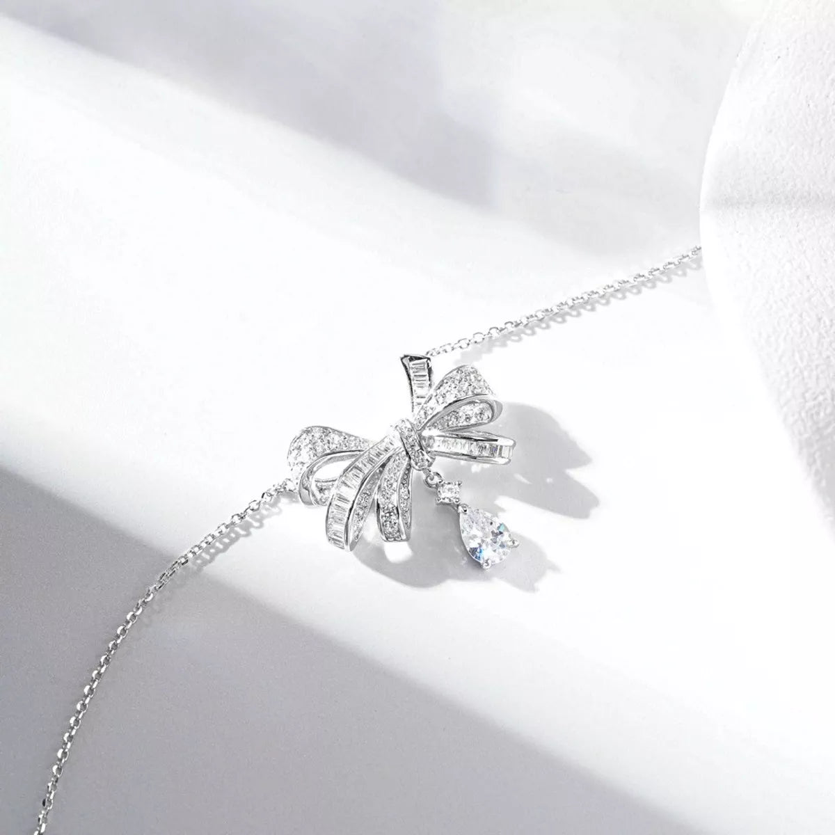 925 Sterling Silver Zircon Bow Teardrop Necklace, view 3