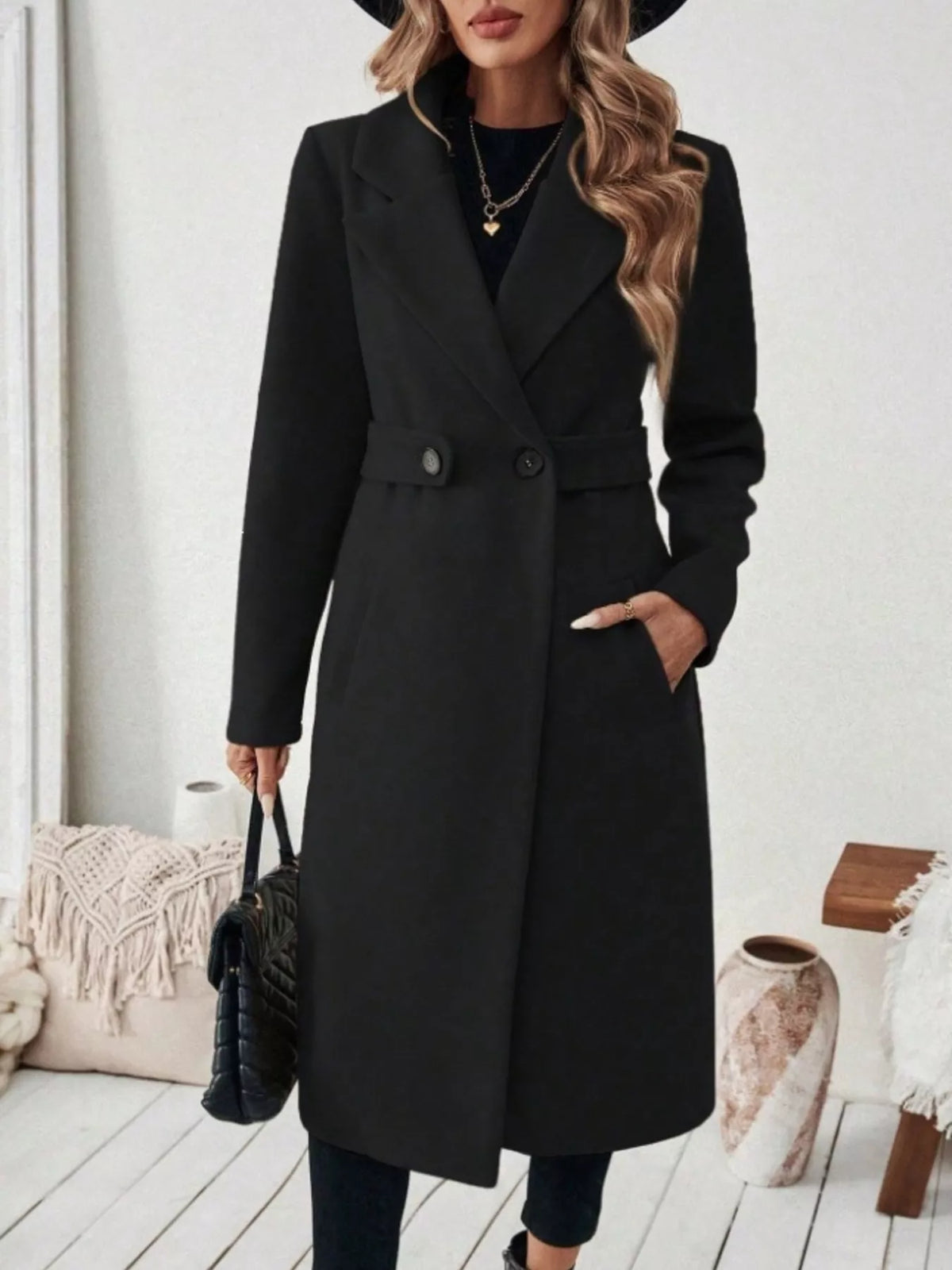 Full Size Elegant Lapel Collar Belted Coat with Pockets Plus Size in Black