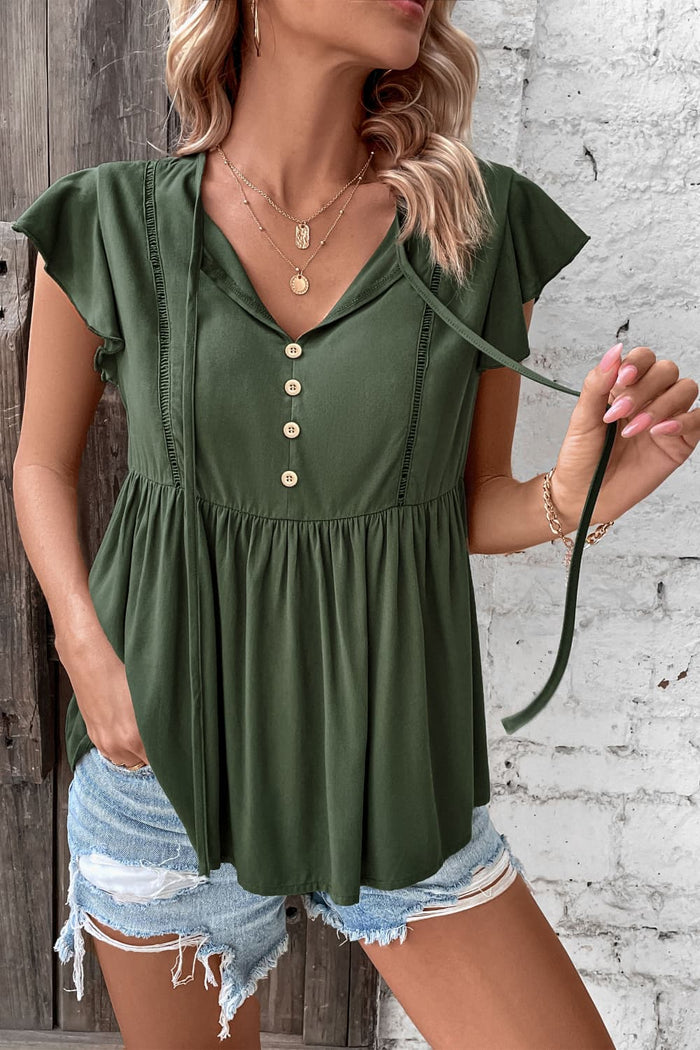 Perfee Buttoned Tie Neck Flutter Sleeve Babydoll Top in Sage
