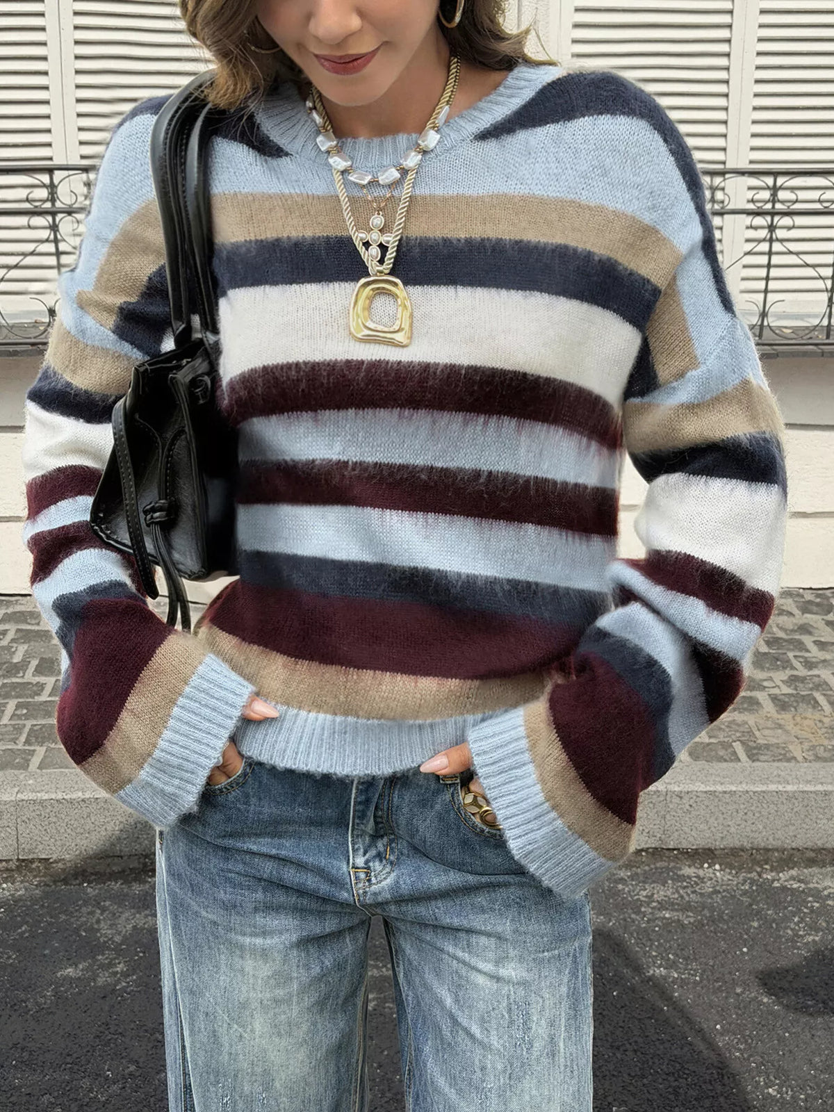 Multi-Color Striped Fuzzy Sweater - Lilixa.store