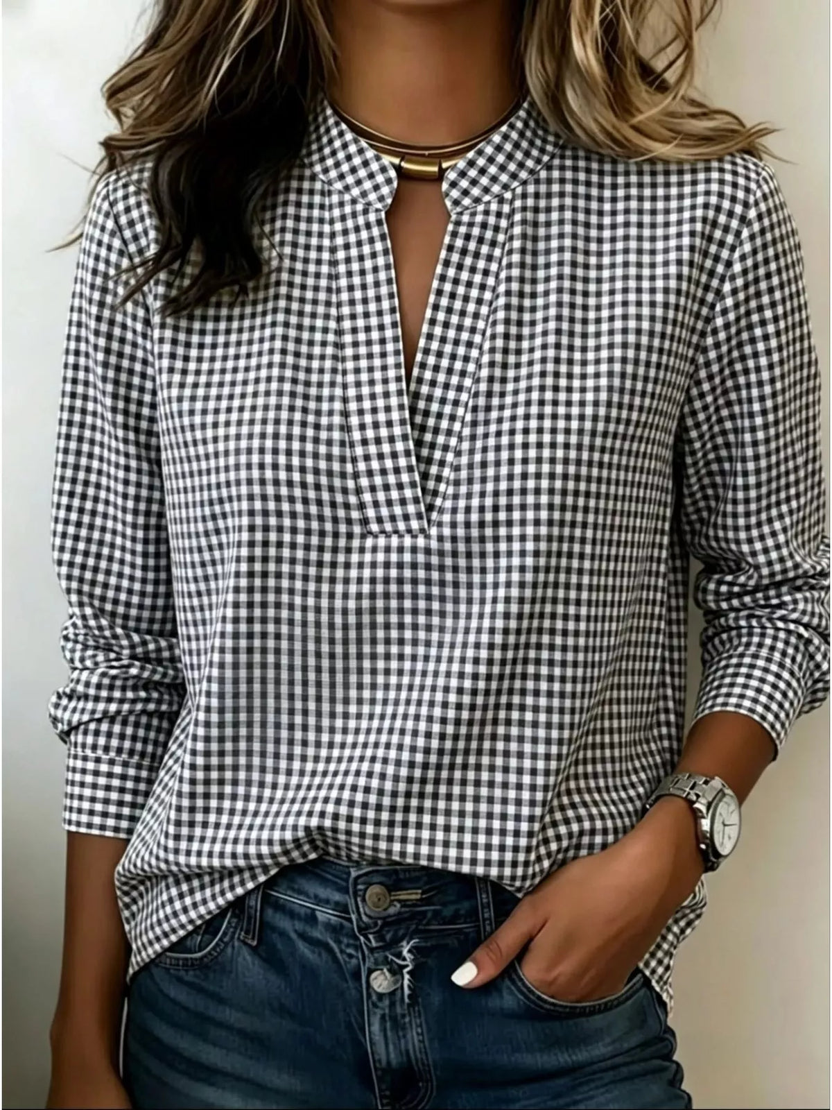 Full Size Plaid Notched Long Sleeve Blouse Plus Size - Lilixa.store