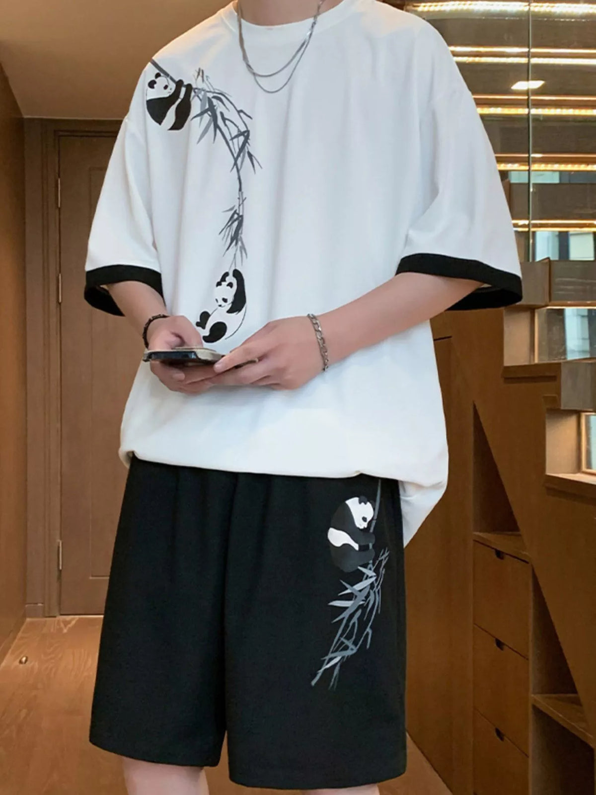 Men's Full Size Panda Bamboo Print Tee and Shorts Set Plus Size - Lilixa.store