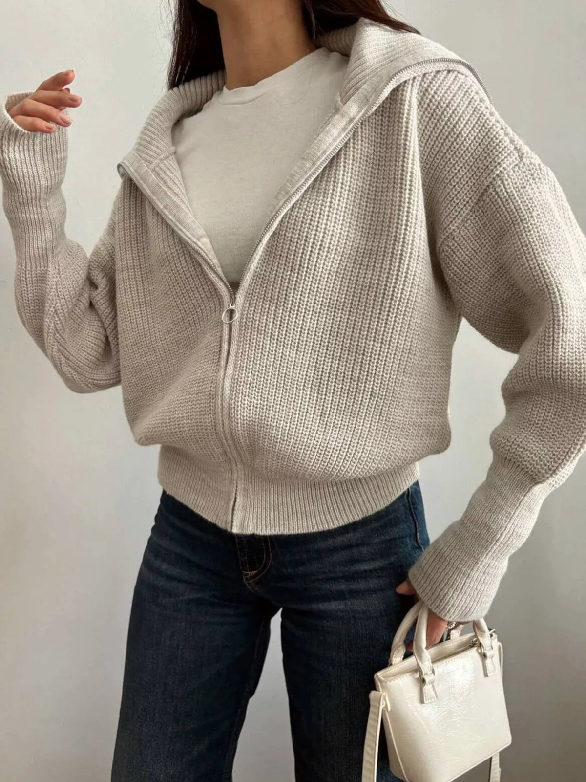 Zip Up Dropped Shoulder Cardigan - Lilixa.store