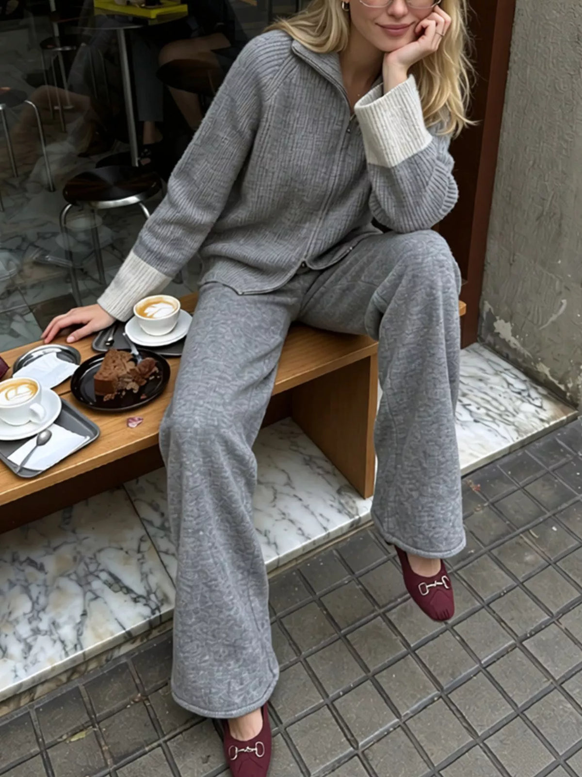 Zip-Up Contrast Cuff Cardigan and Pants Sweater Set, view 11