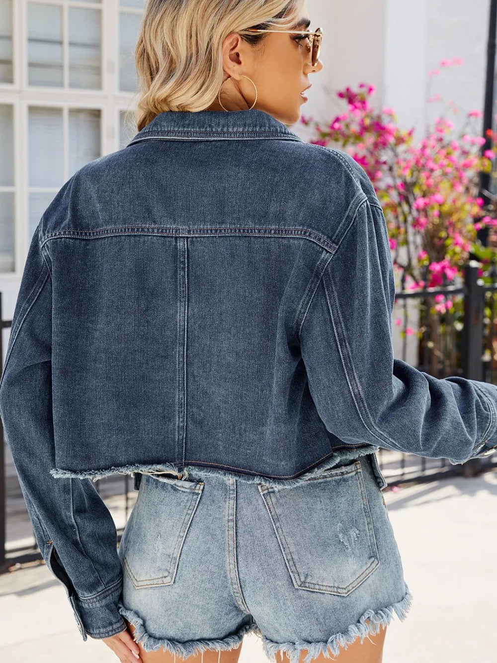 Button Up Long Sleeve Denim Jacket with Pockets in Navy, view 2