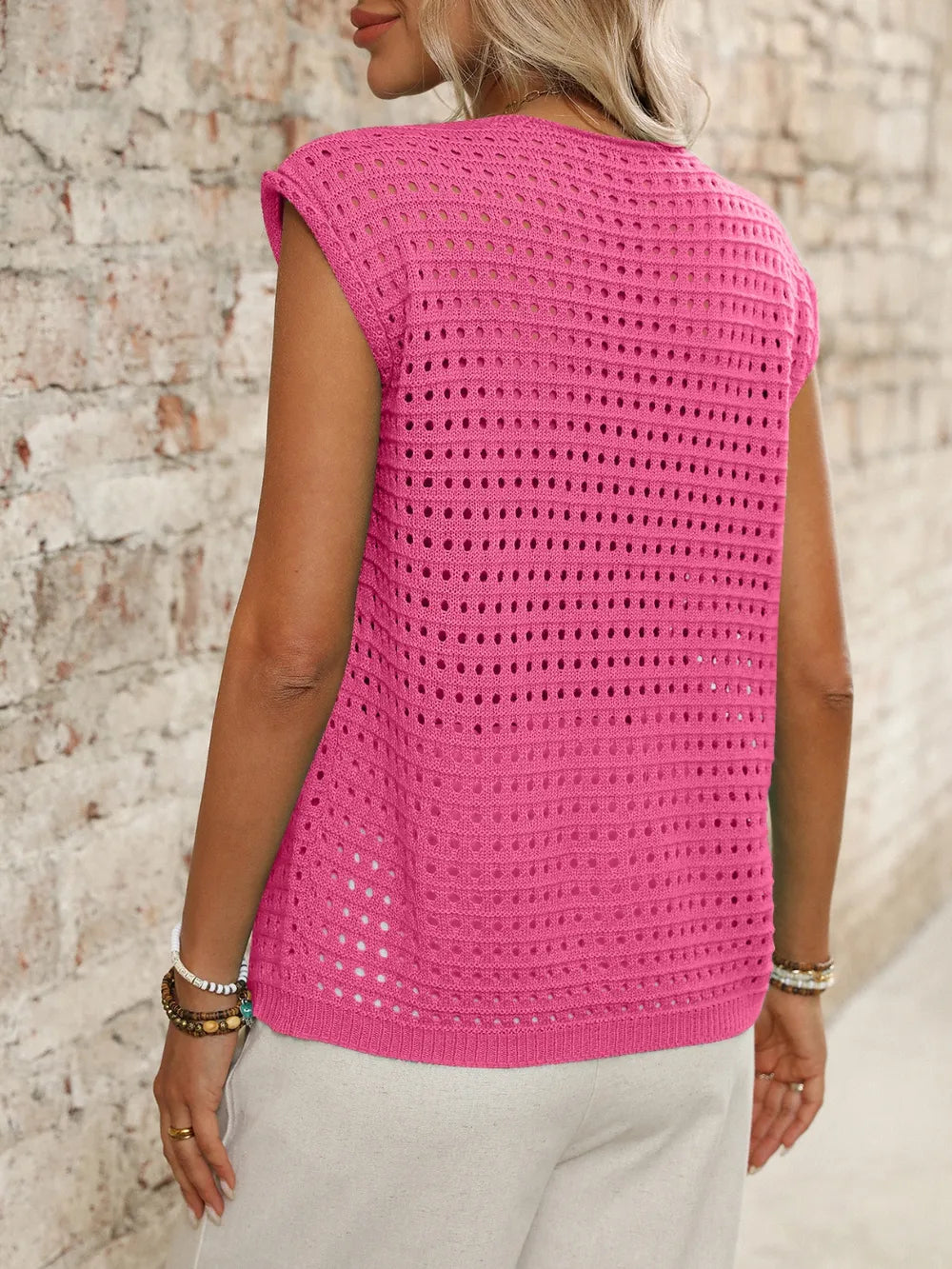 Tied Front Openwork V-Neck Knit Top, view 4