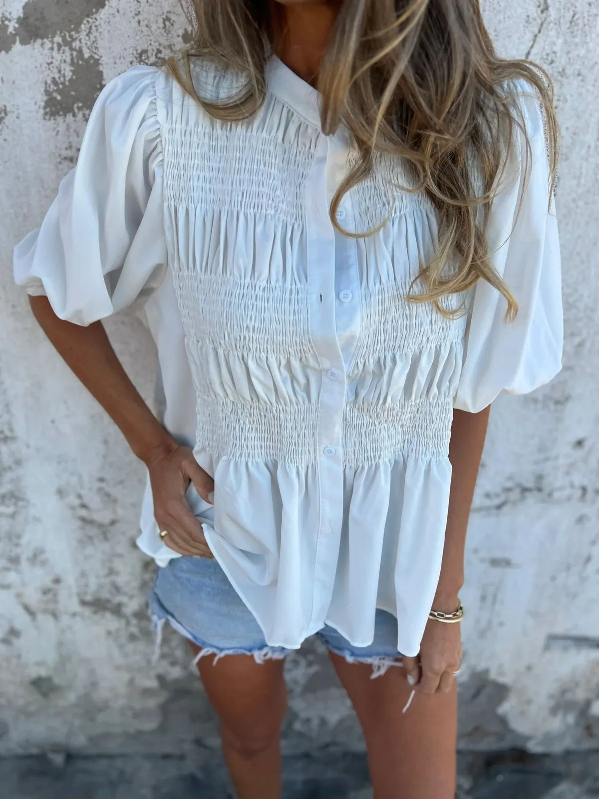 Full Size Smocked Puff Sleeve Blouse Plus Size - Lilixa.store