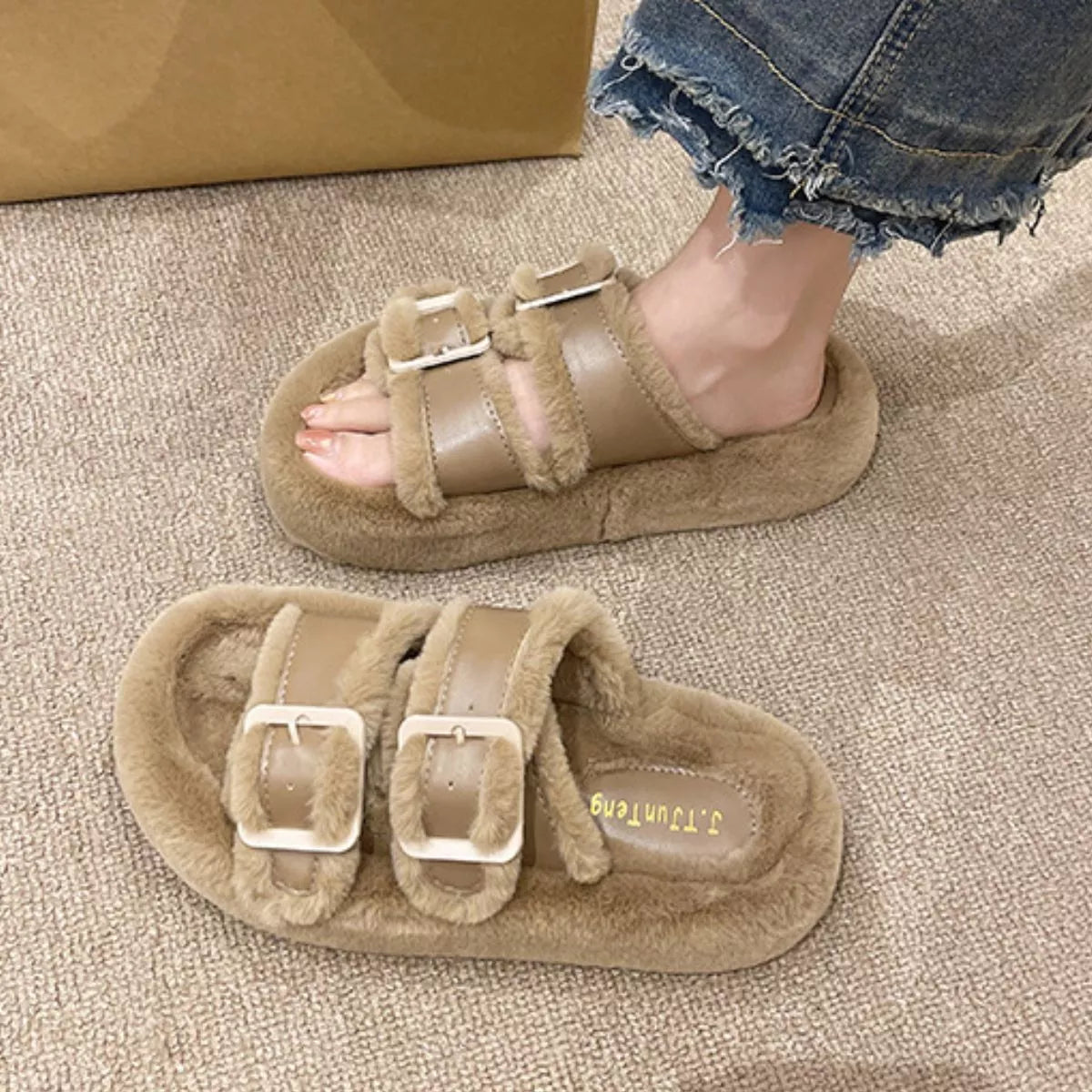 Fuzzy Buckle Detail Slippers - Lilixa.store