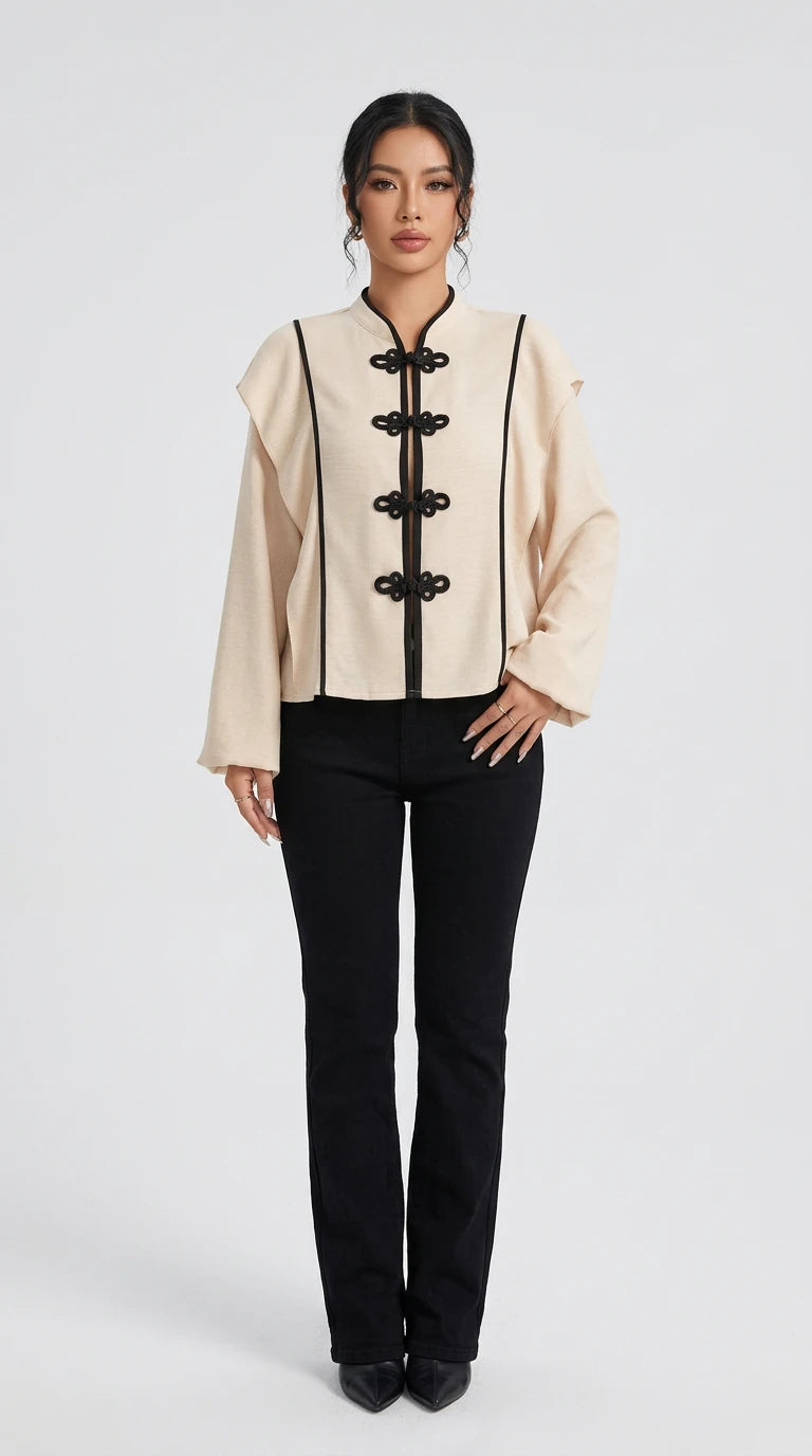 Chinese-Style Mandarin Collar Blouse in Apricot