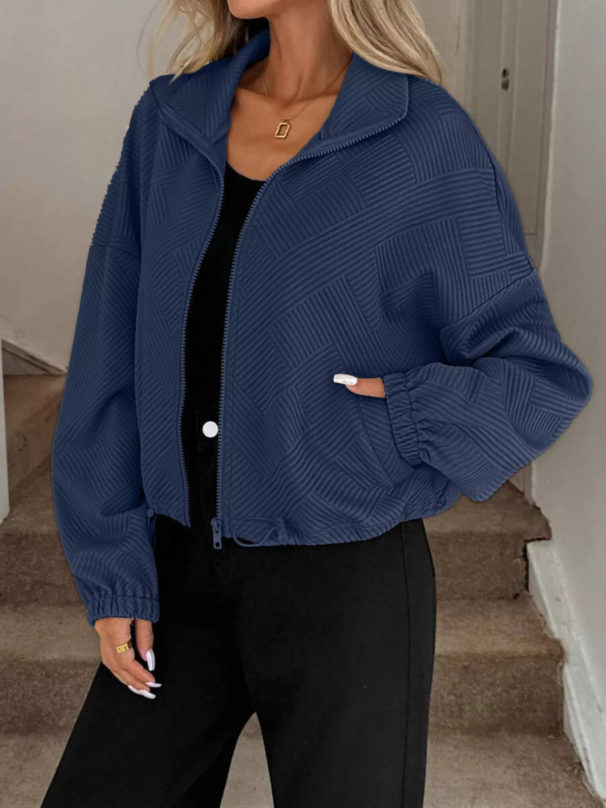 Drawstring Hem Textured Long Sleeve Jacket, view 5