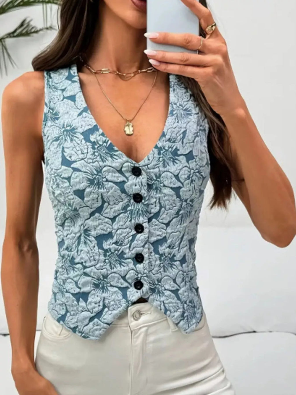 Floral Jacquard Button-Front Vest Coat - Lilixa.store