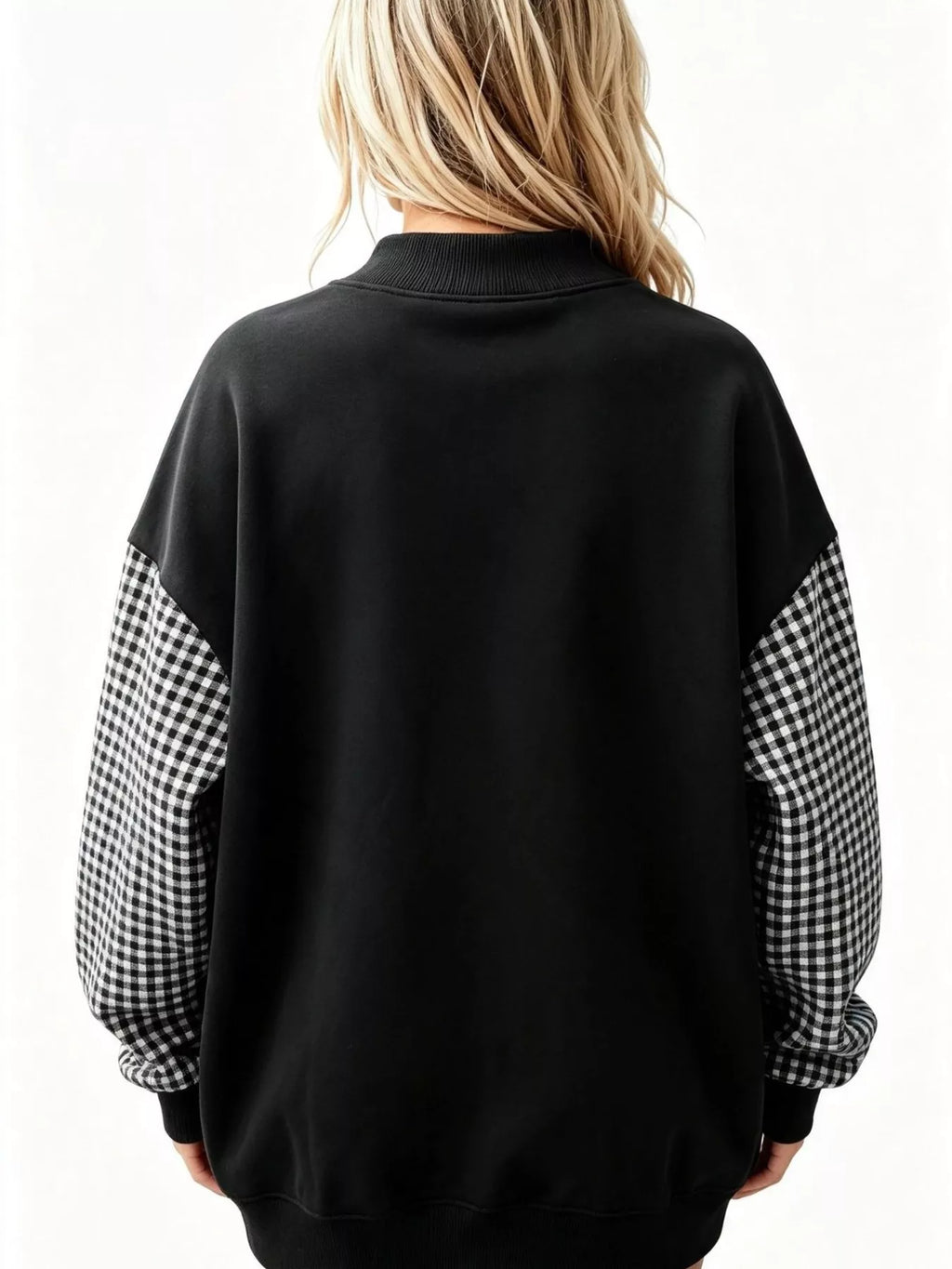 Gingham Sleeves Round Neck Sweatshirt - Lilixa.store