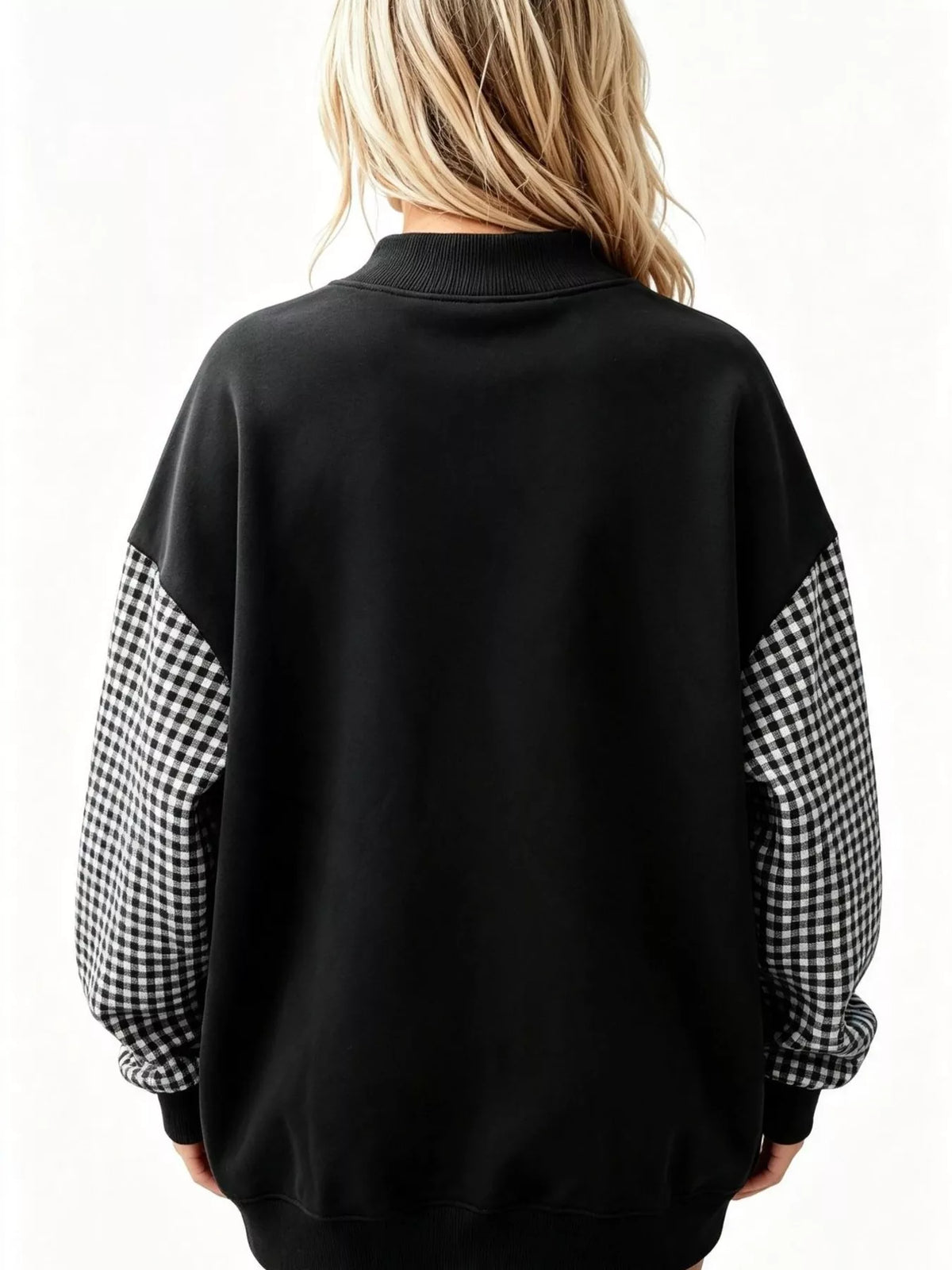 Gingham Sleeves Round Neck Sweatshirt - Lilixa.store