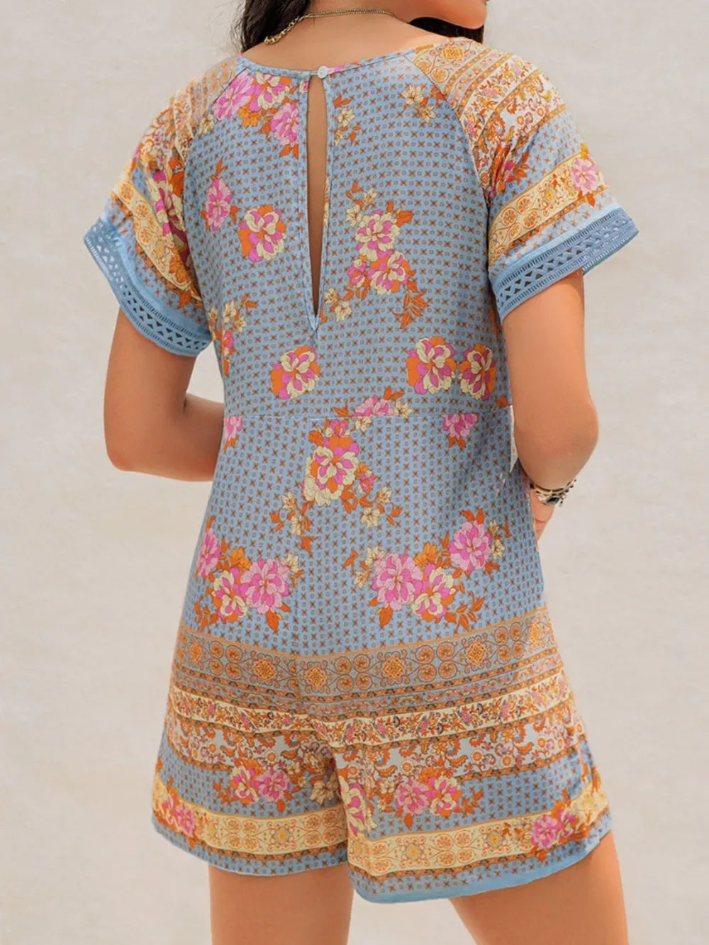 Printed V-Neck Short Sleeve Romper - Lilixa.store