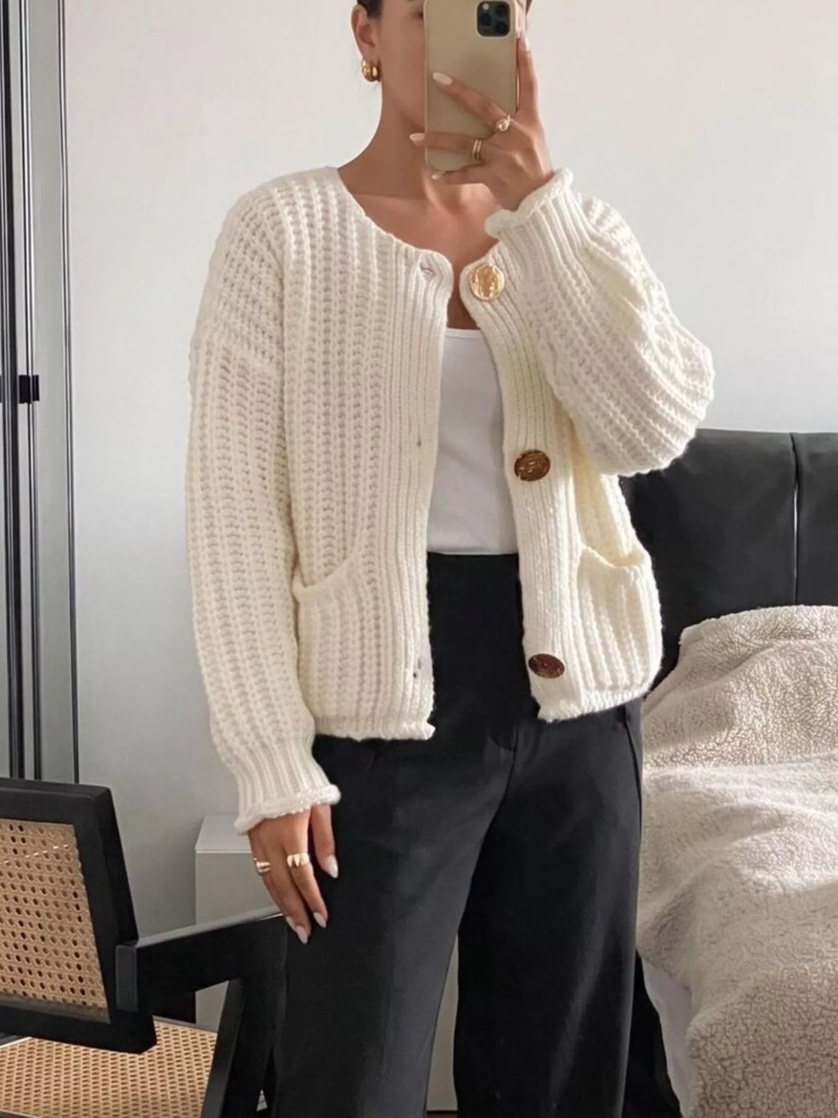 Ribbed Knit Cardigan with Gold-Tone Buttons, view 6