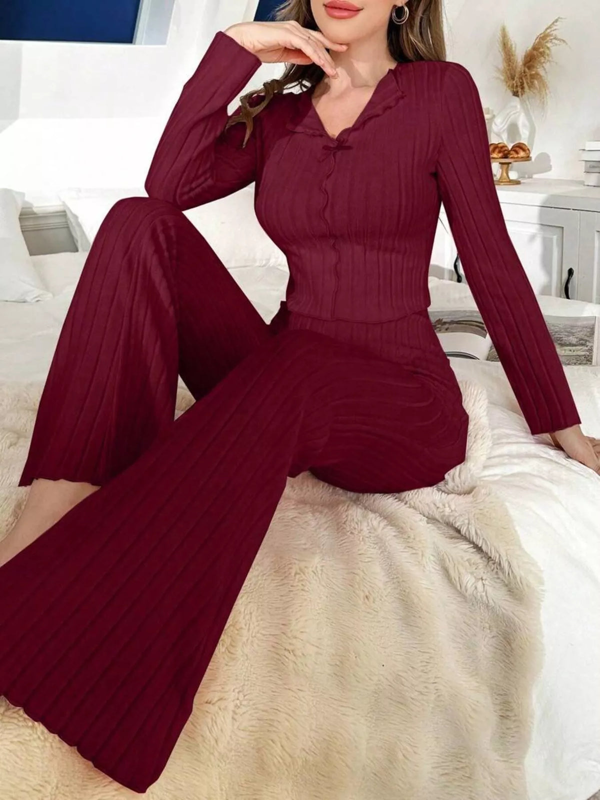 Bow Detail Ribbed Knit Top and Pants Lounge Set - Lilixa.store
