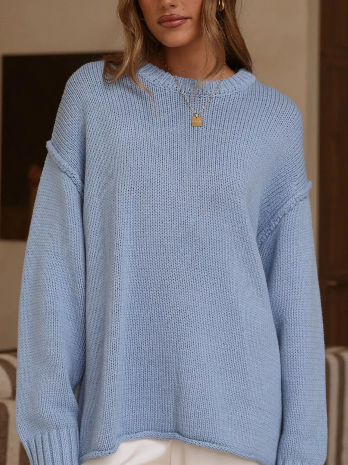 Crew Neck Dropped Shoulder Sweater, view 3