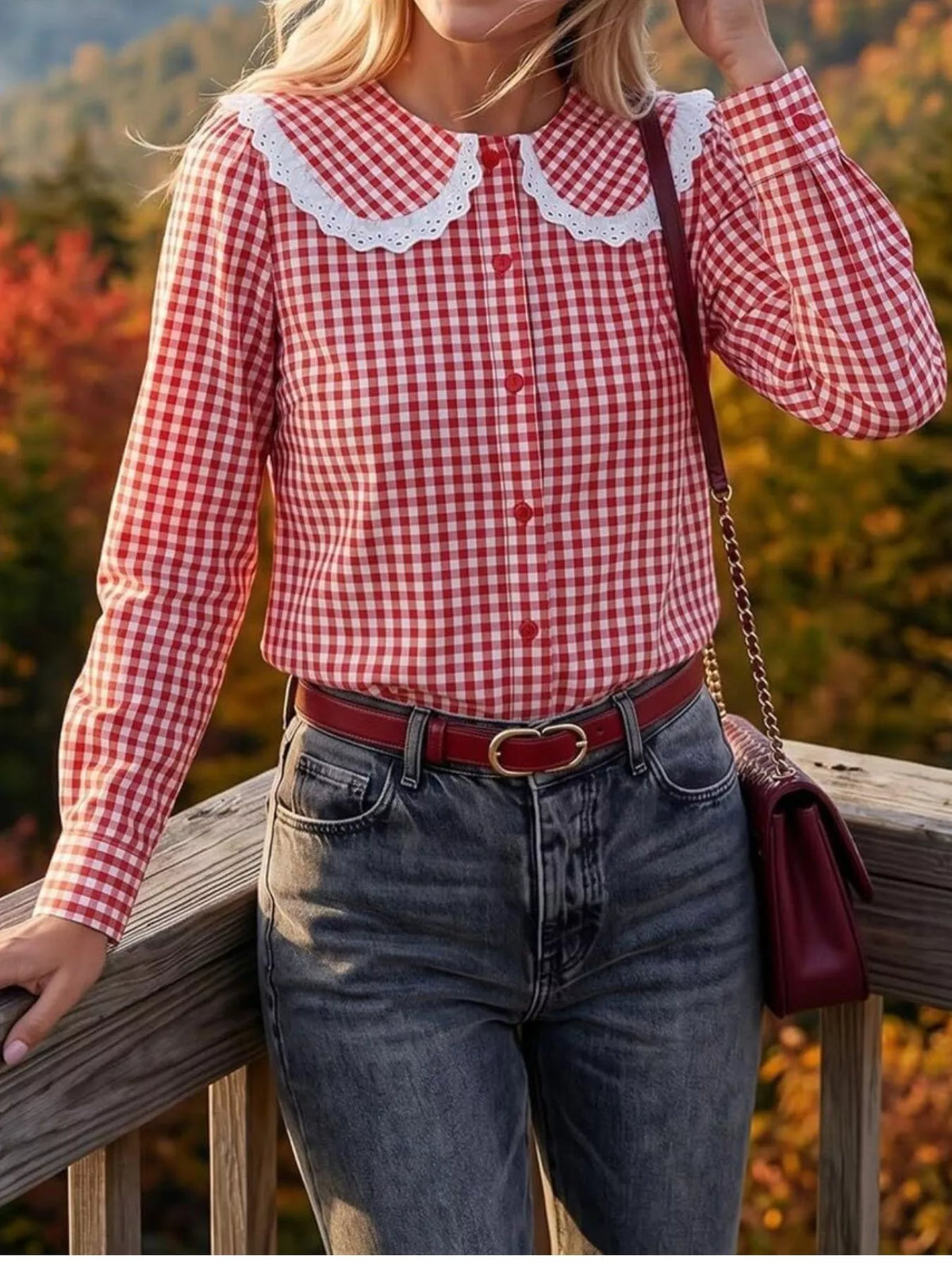Lace Peter Pan Collar Button Up Shirt in Red