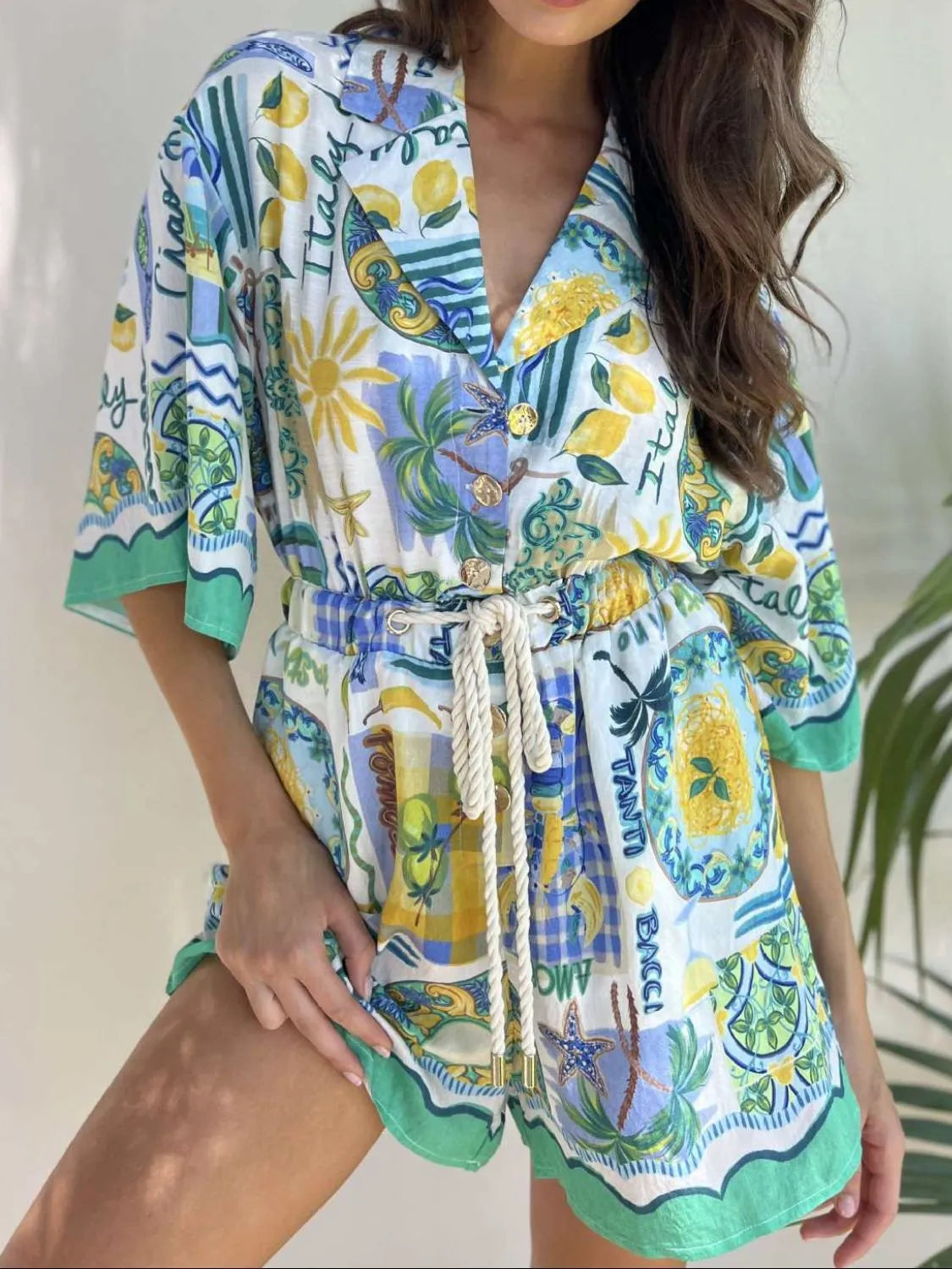 Printed Collared Neck Half Sleeve Romper - Lilixa.store