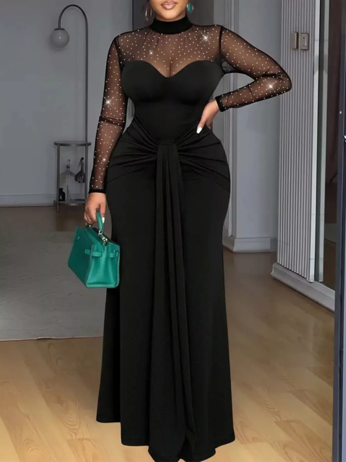 Mesh Mock Neck Long Sleeve Maxi Dress - Lilixa.store
