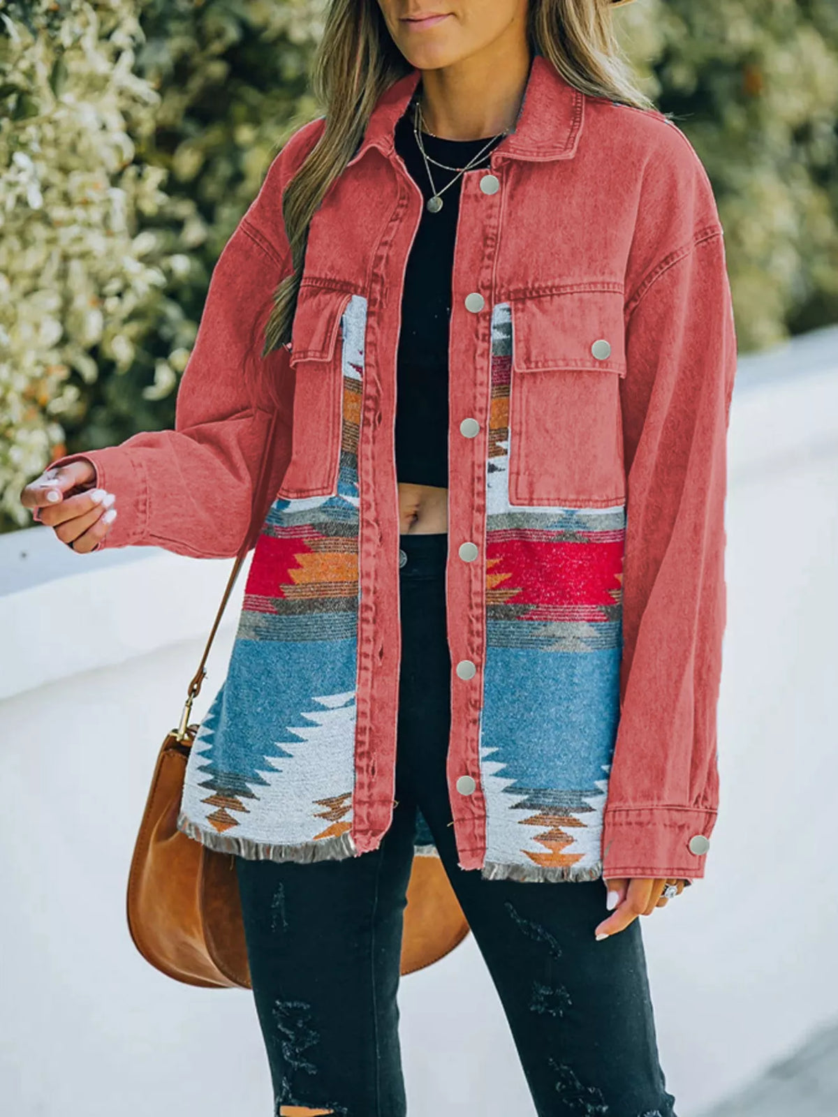 Aztec Print Button Up Jacket in Strawberry