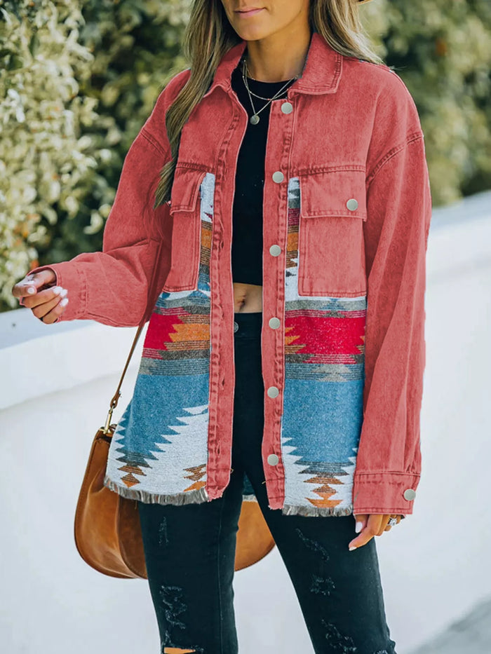 Aztec Print Button Up Jacket in Strawberry