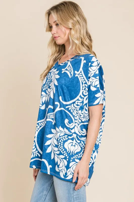 BOMBOM Printed Relaxed V-Neck Tunic Top - Lilixa.store