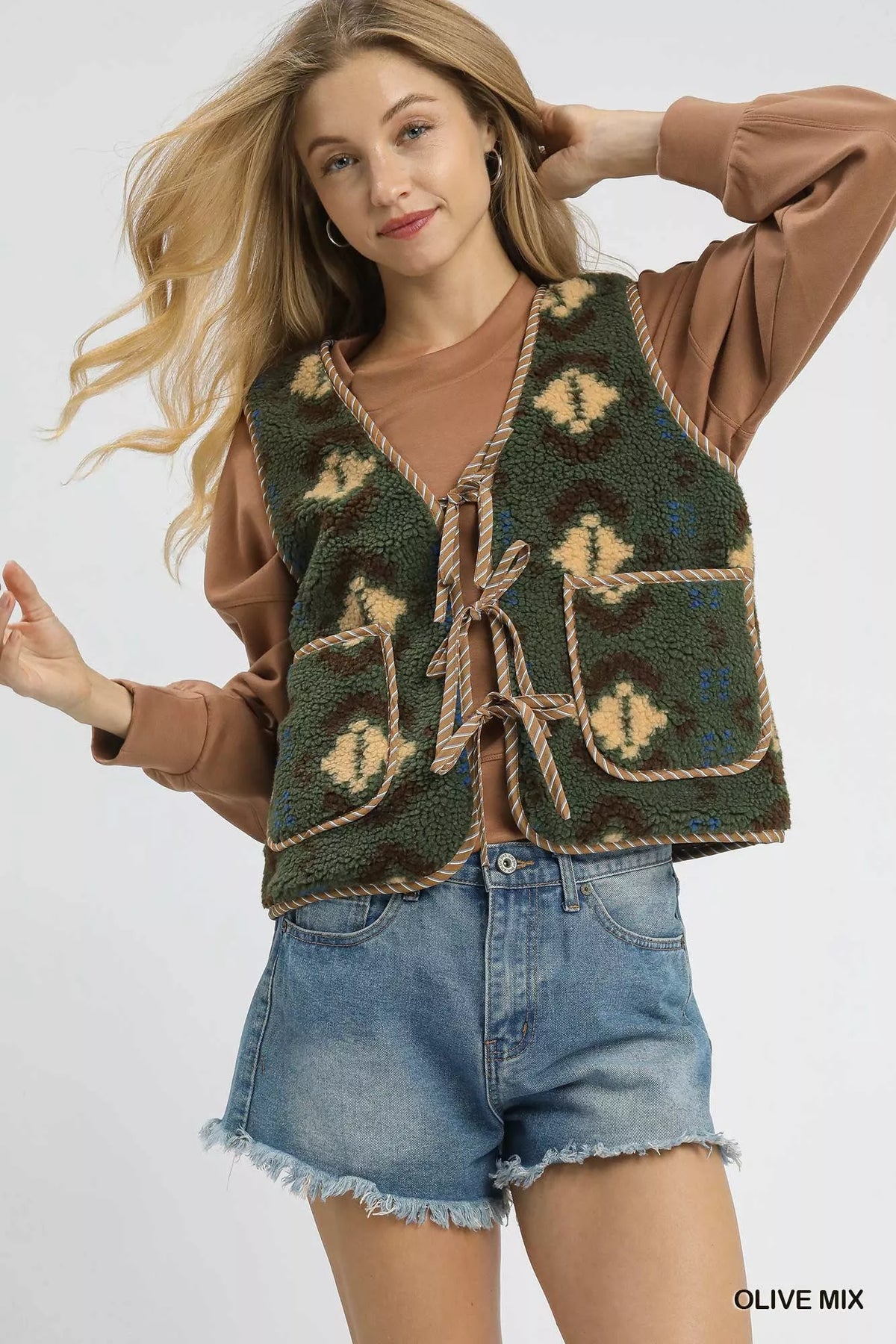Umgee Mix Patterned Sherpa Tie-Front Vest - Lilixa.store
