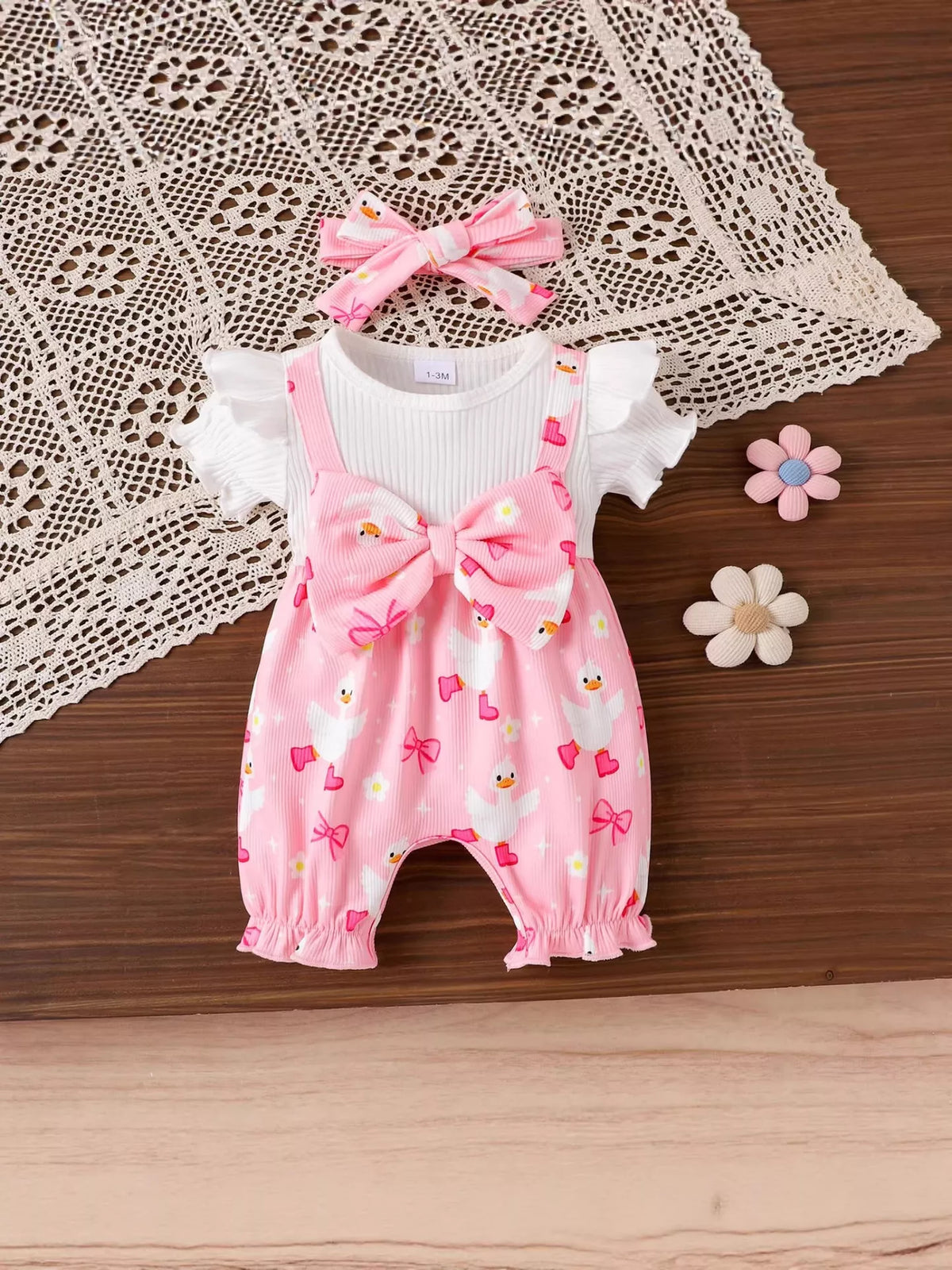 Children's Bow Duck Print Romper with Headband - Lilixa.store