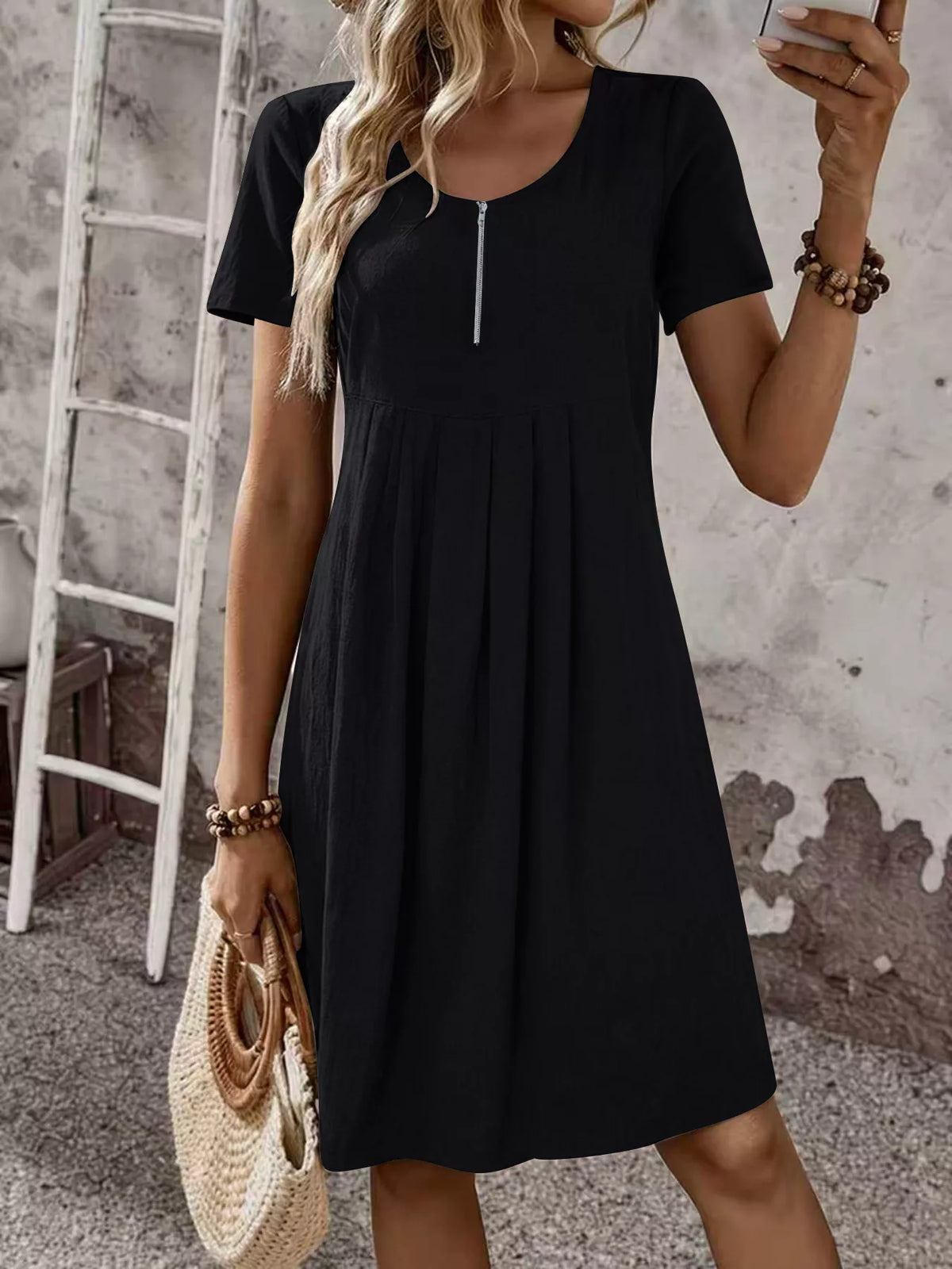 Zipper-Front Short Sleeve A-Line Dress - Lilixa.store