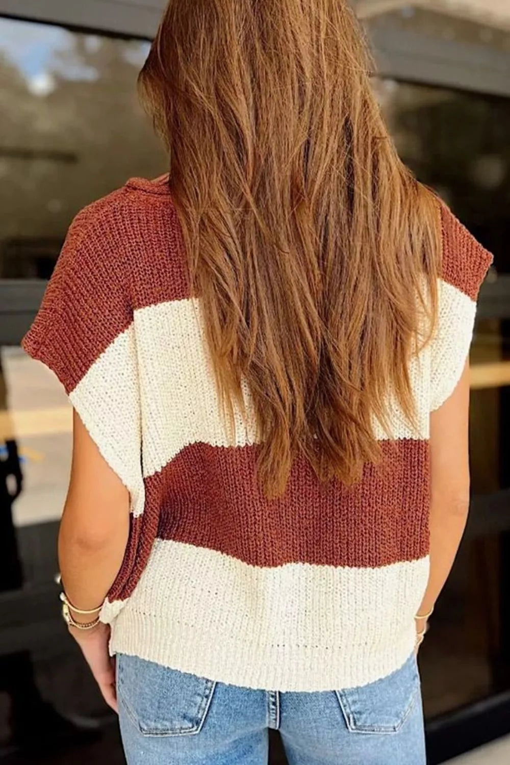 Striped Colorblock Knit Short Sleeve Loose Sweater - Lilixa.store