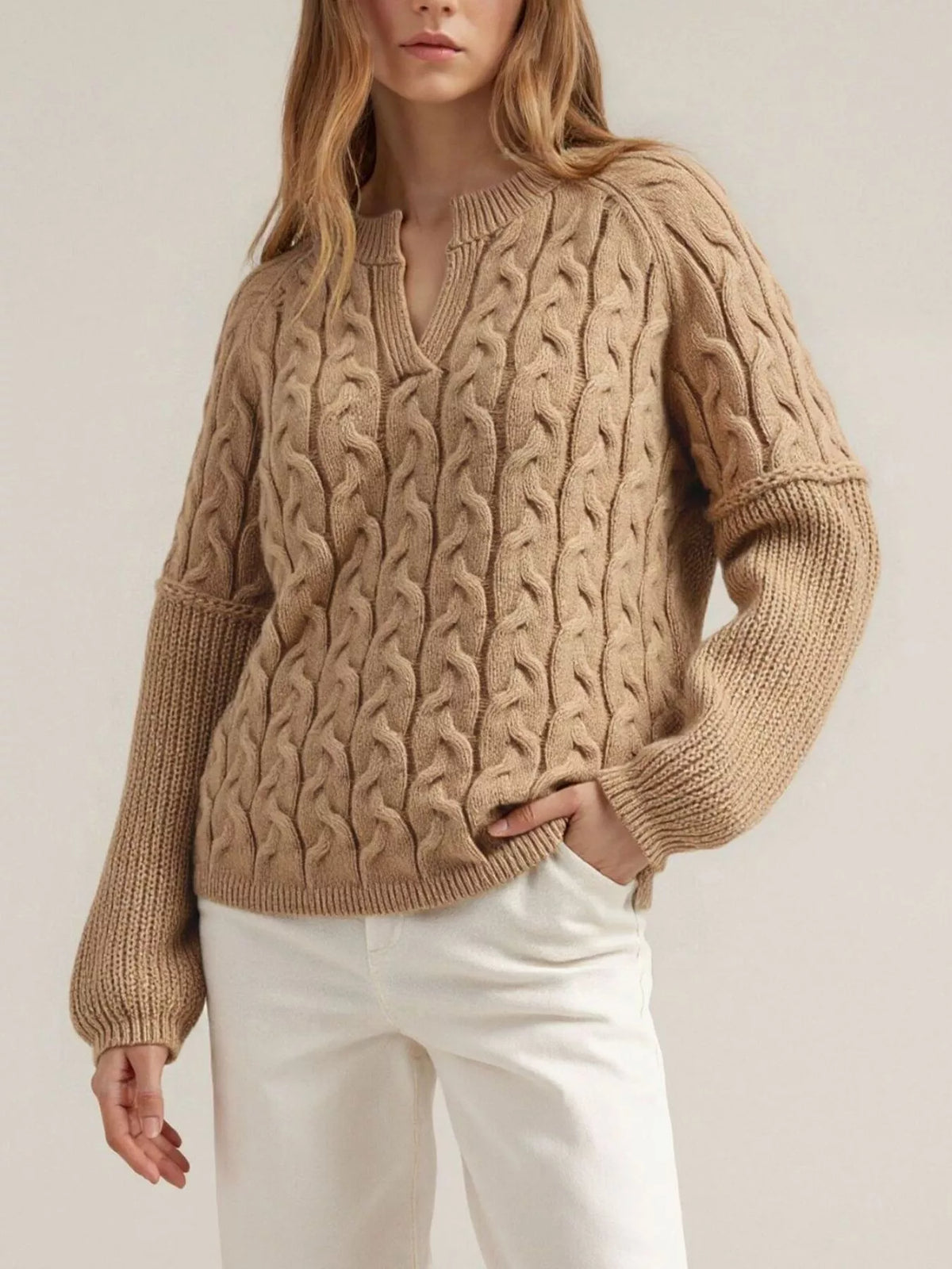 Cable-Knit Dropped Shoulder Sweater - Lilixa.store