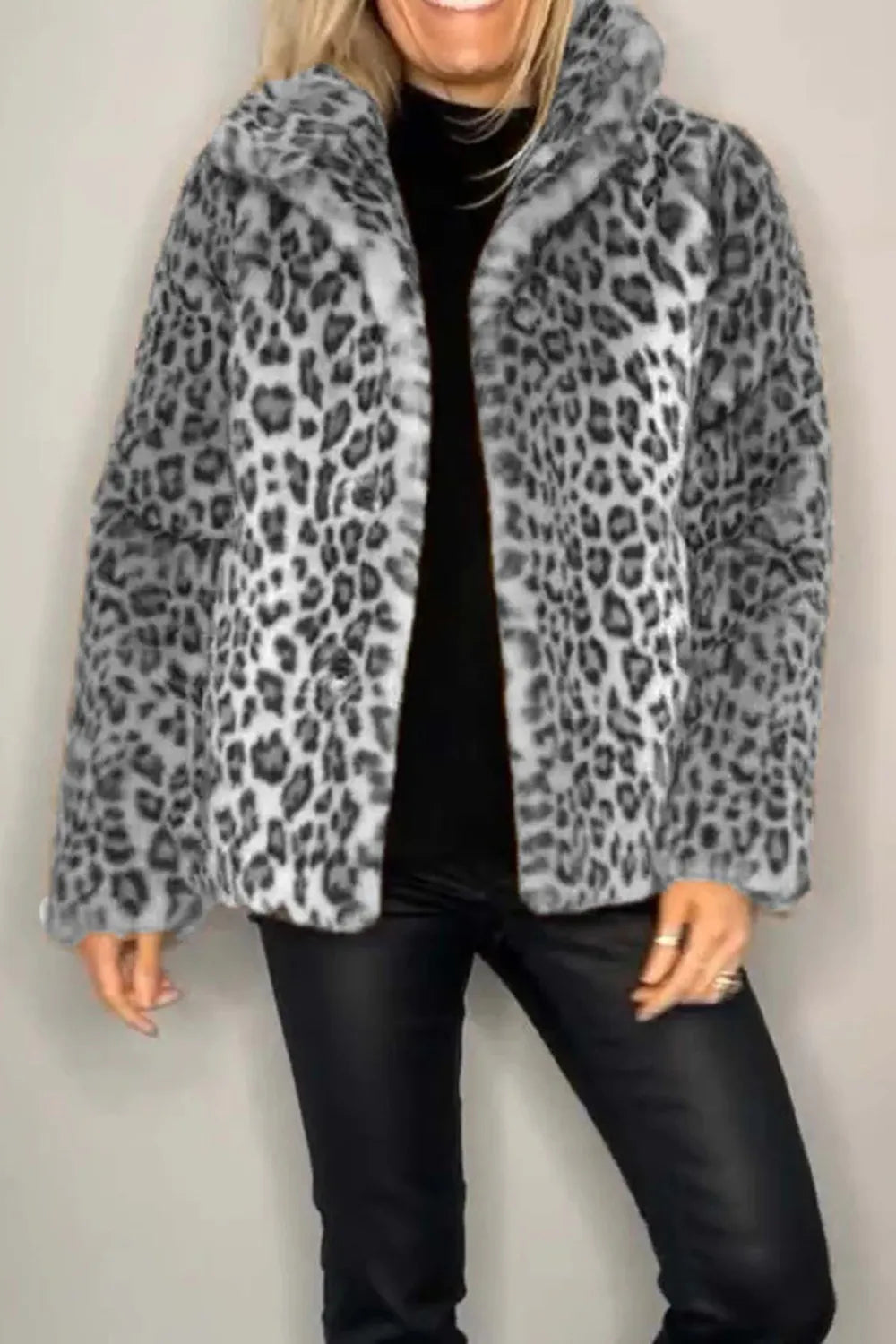 Full Size Leopard Furry Collared Neck Long Sleeve Coat in Gray