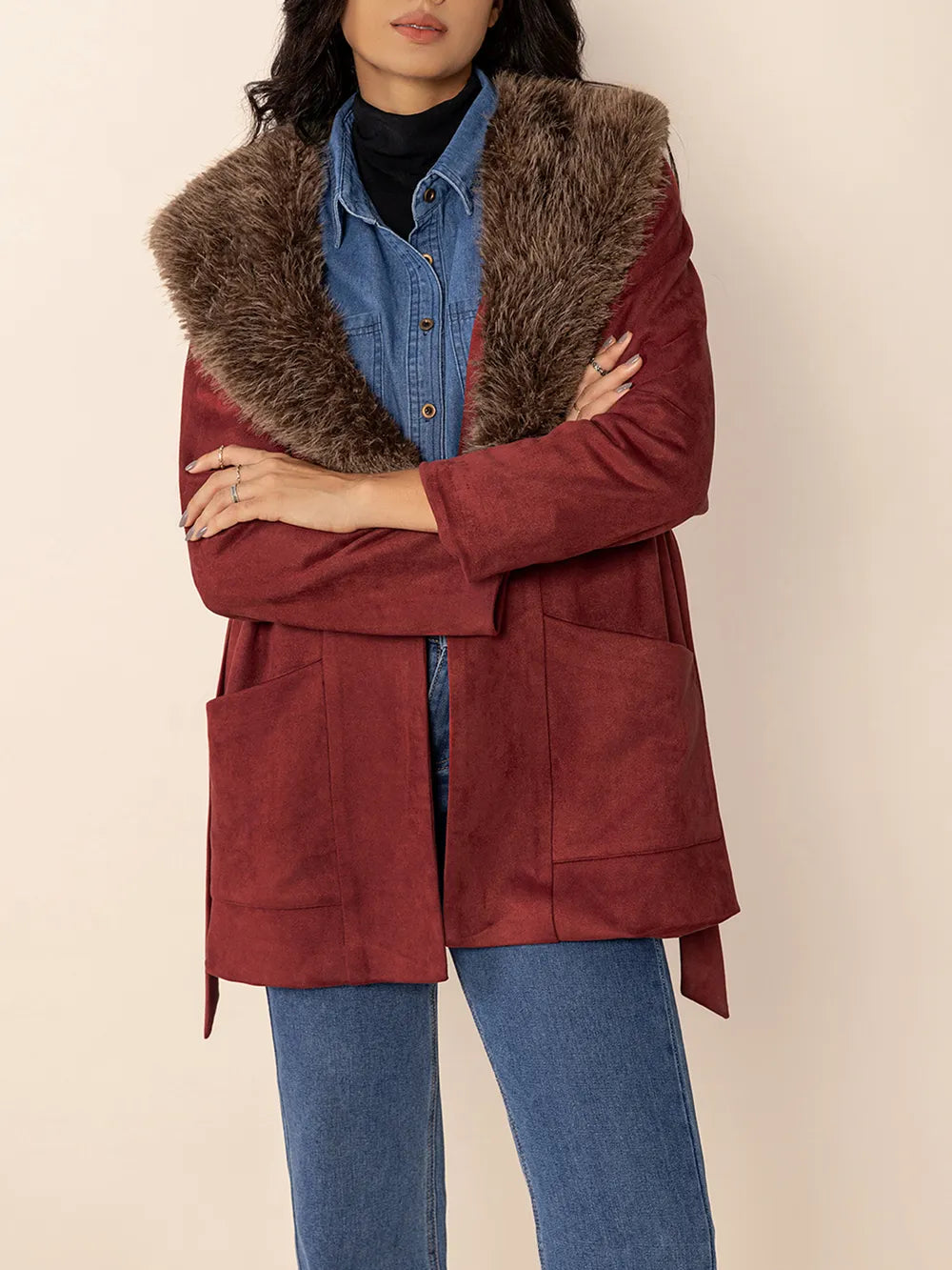 Fuzzy Collared Neck Tie Waist Jacket in Burgundy, view 8