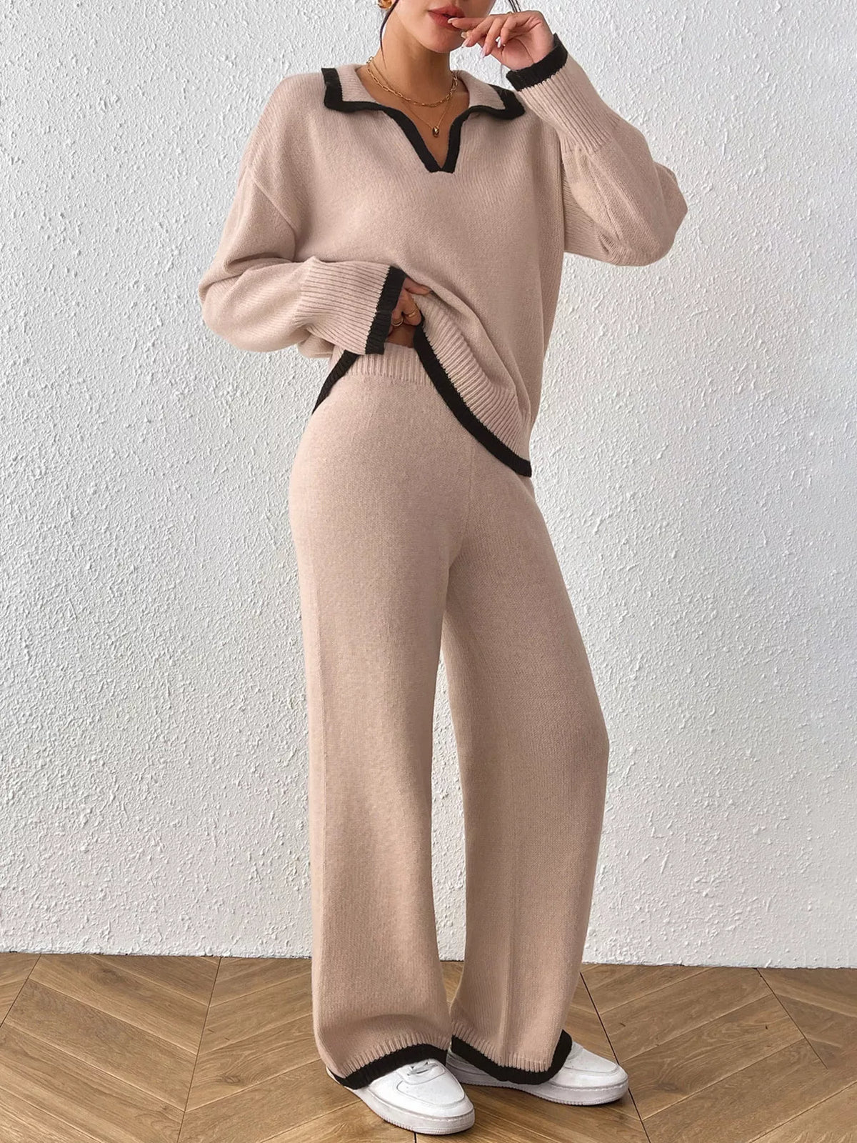 Contrast Trim Polo Collar Top and Pants Sweater Set - Lilixa.store