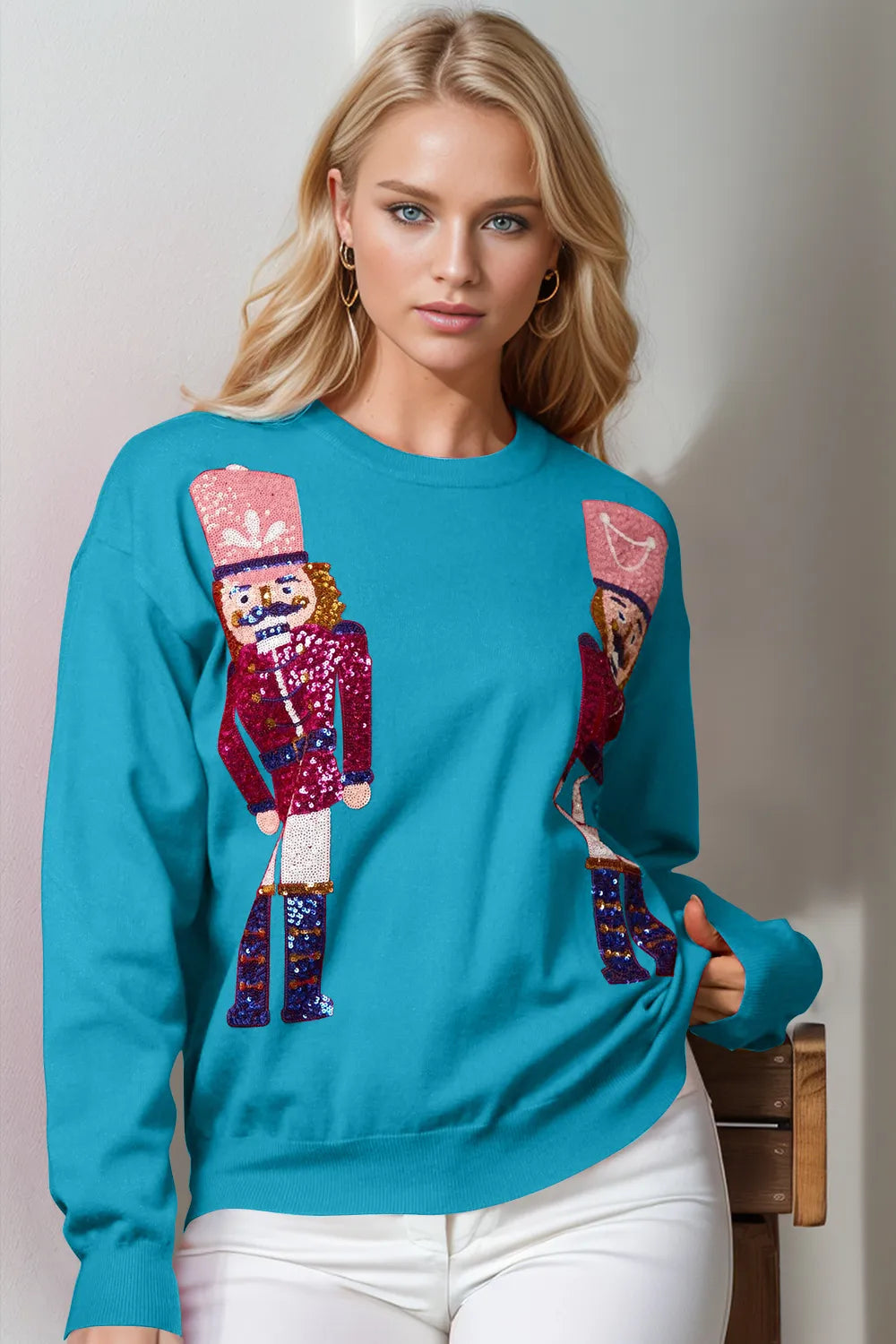 Double Take Full Size Nutcracker Sequin Long Sleeve Sweater in Cerulean