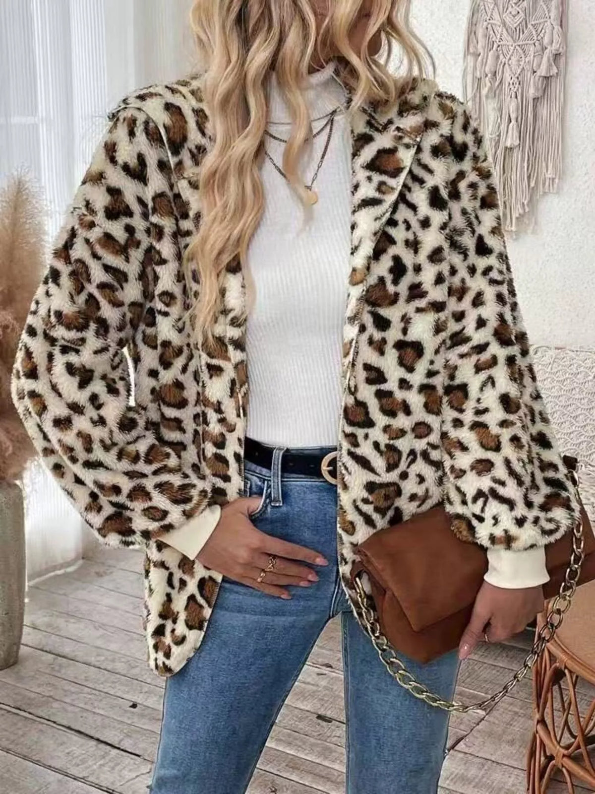 Leopard Print Fuzzy Zip Up Outerwear - Lilixa.store
