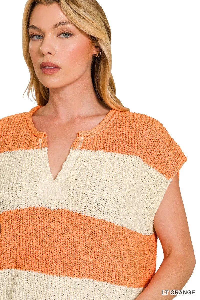 Zenana Split Neck Sleeveless Stripe Sweater, view 4