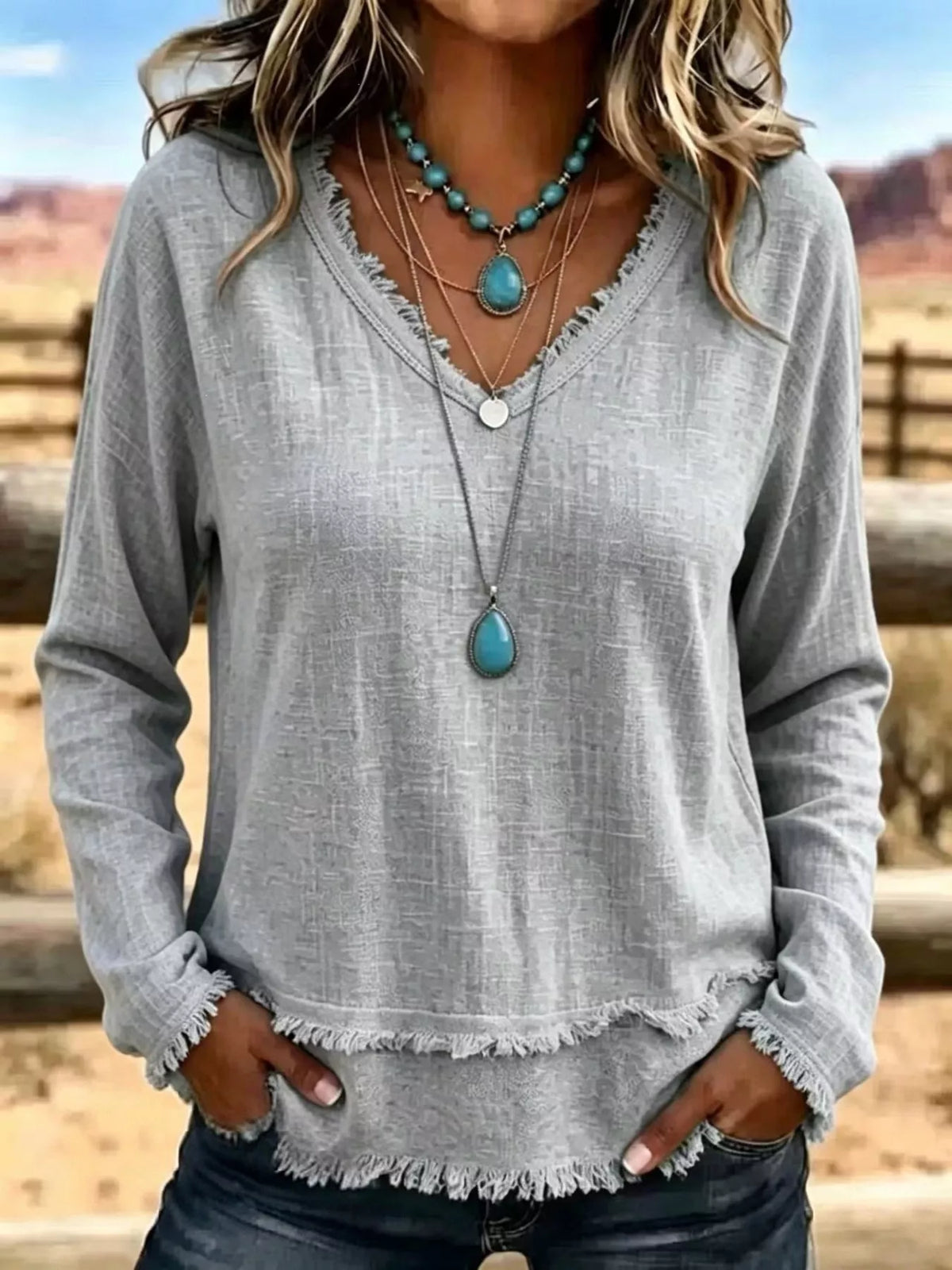 V-Neck Long Sleeve Blouse with Frayed Hem Detail - Lilixa.store