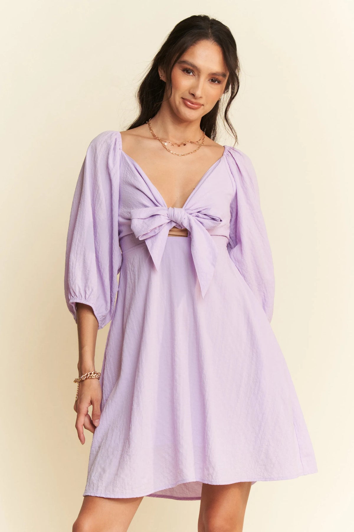 Davi & Dani Self-Tie Puff Sleeve Smocking Open Back Mini Dress - Lilixa.store