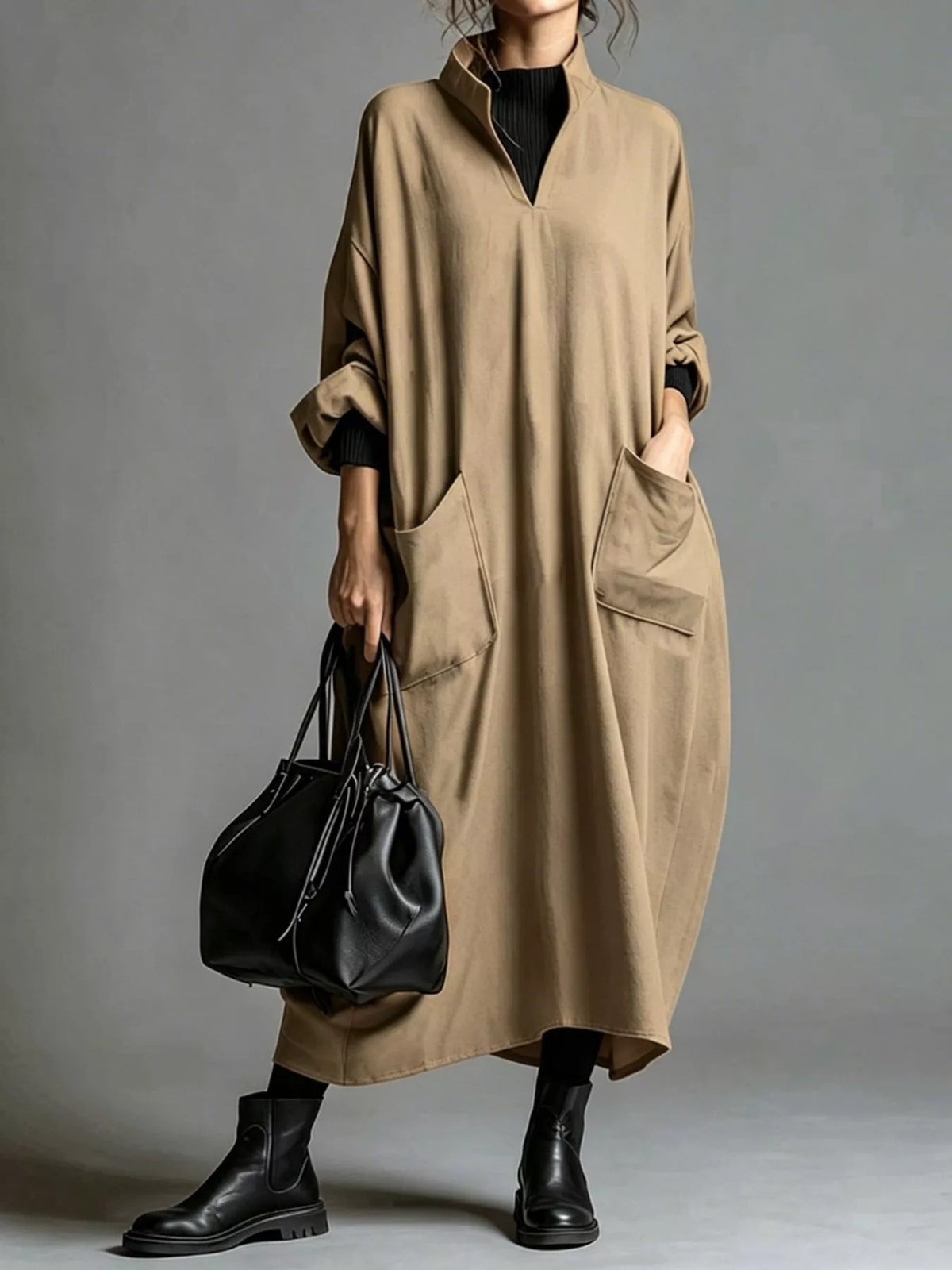 Full Size Loose-Fit Mock Neck Midi Dress with Pockets Plus Size - Lilixa.store
