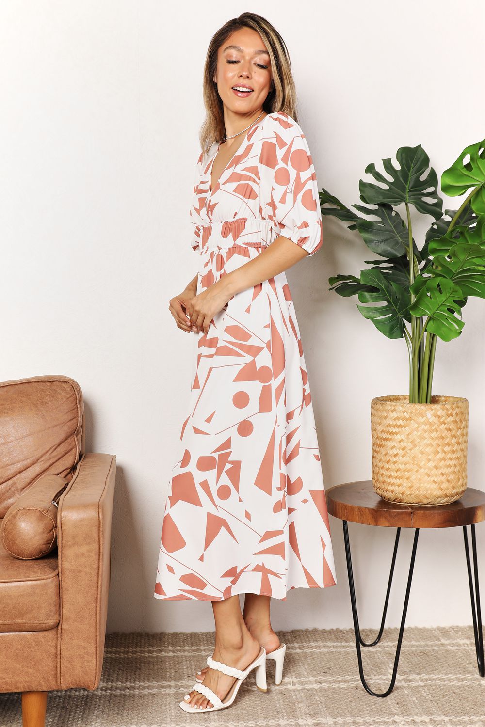 Printed Surplice Balloon Sleeve Dress - Lilixa.store