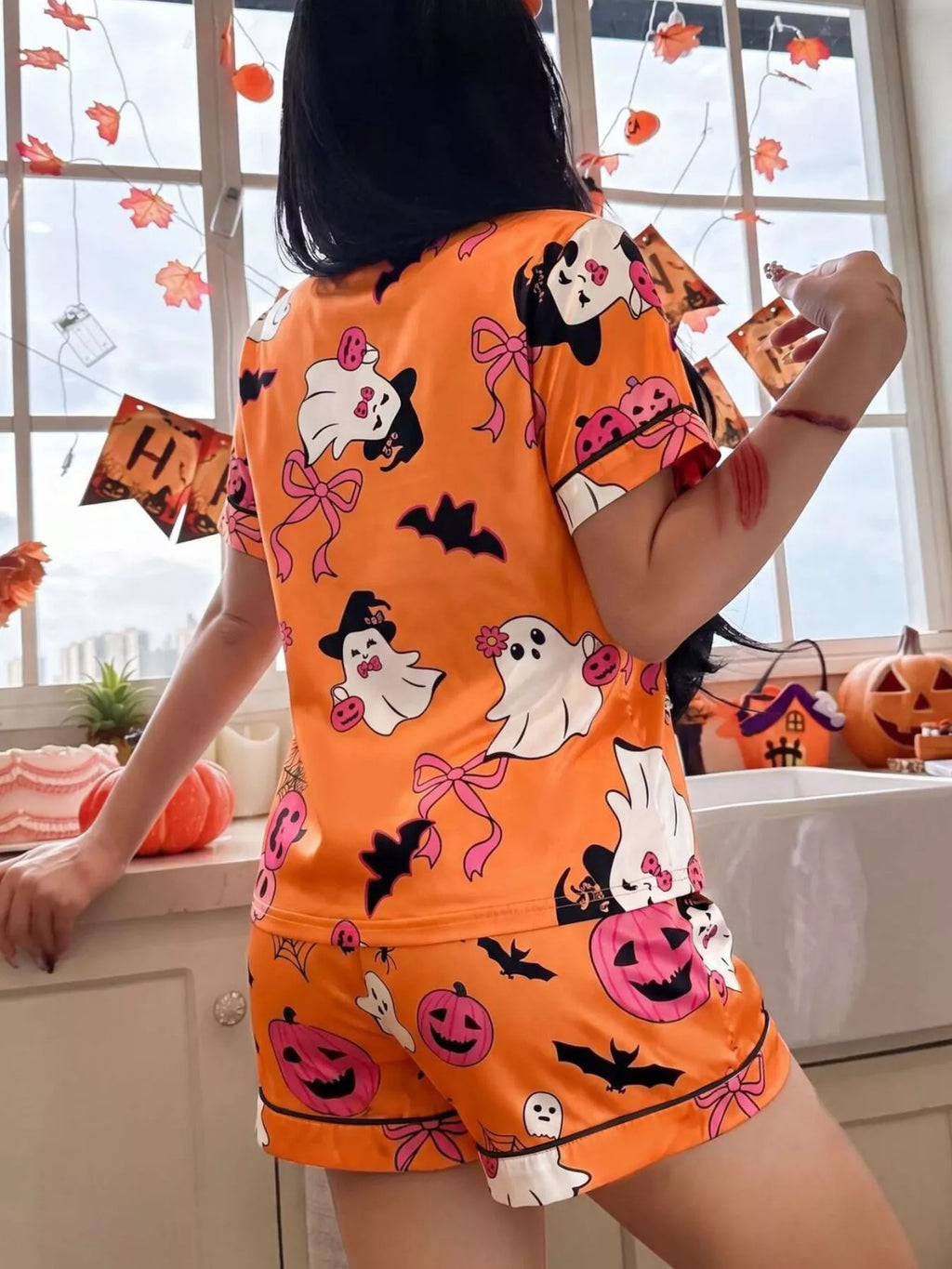 Halloween Ghost Print Button-Down Top and Shorts Lounge Set - Lilixa.store