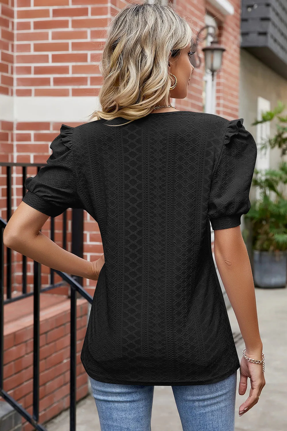 Eyelet Ruffled Round Neck T-Shirt - Lilixa.store