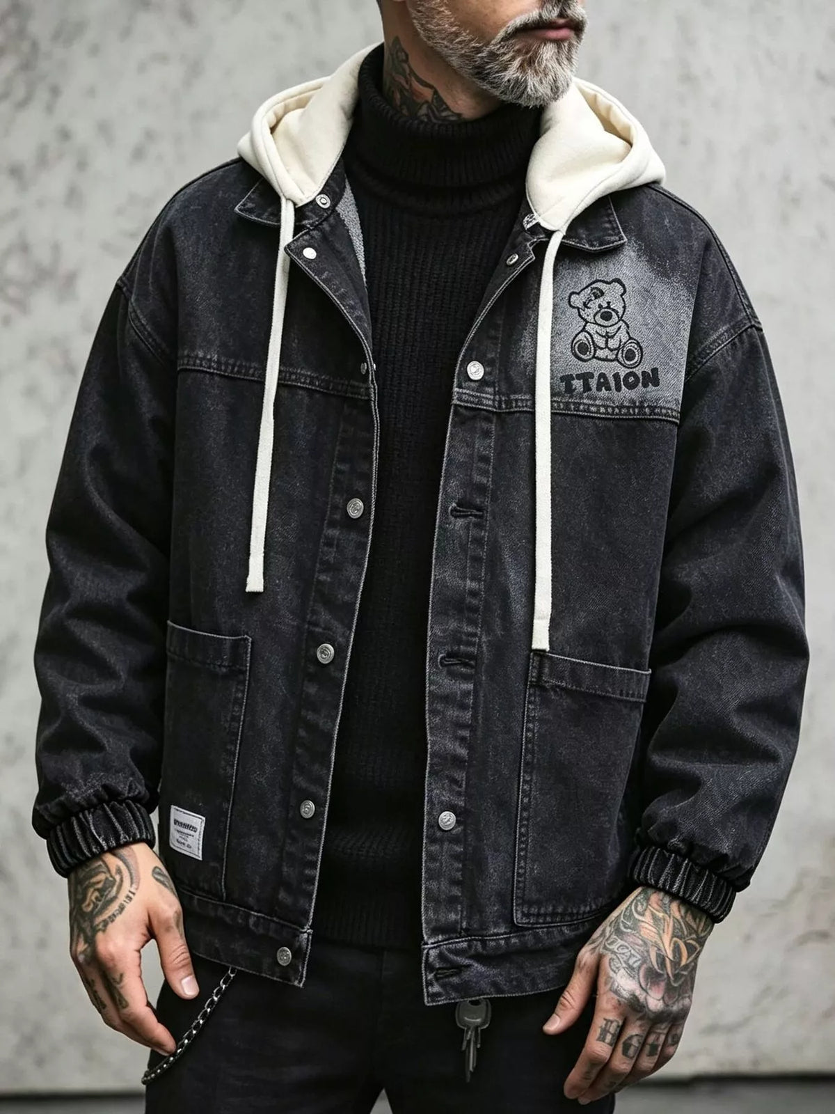 Men's Plus Size Streetwear Washed Snap Down Denim Jacket with Detachable Hood - Lilixa.store