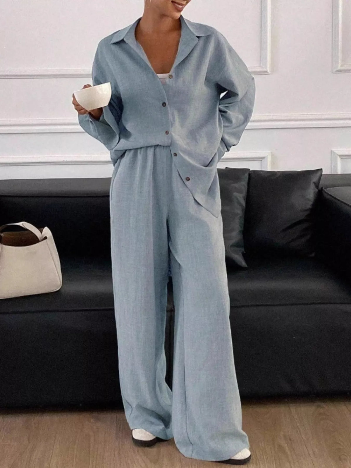 Button-Down Shirt and Wide-Leg Pants Set, view 21