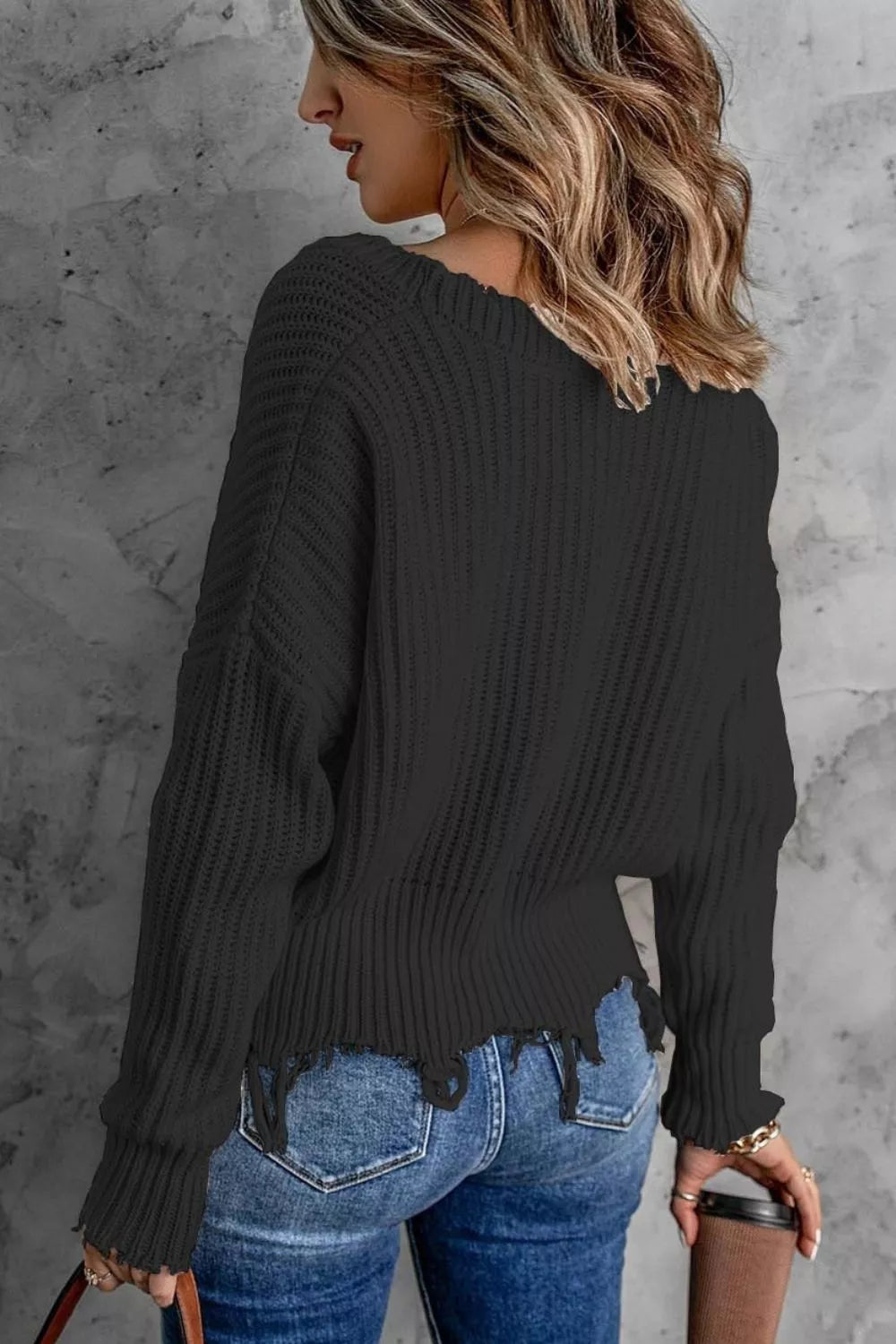 Full Size Raw Hem V-Neck Sweater Plus Size - Lilixa.store