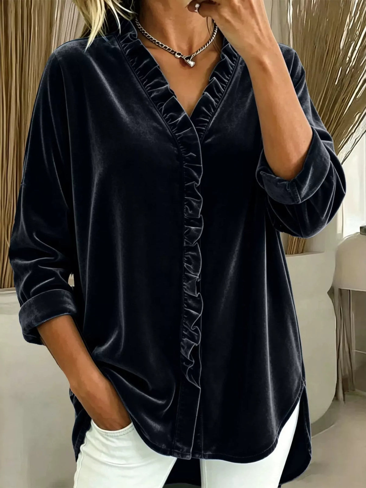 Velvet Frill V-Neck Blouse - Lilixa.store