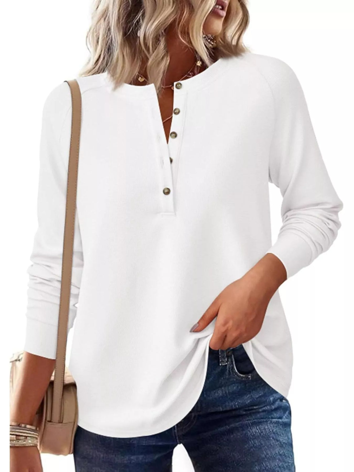 Waffle Knit Henley Long Sleeve T-Shirt
